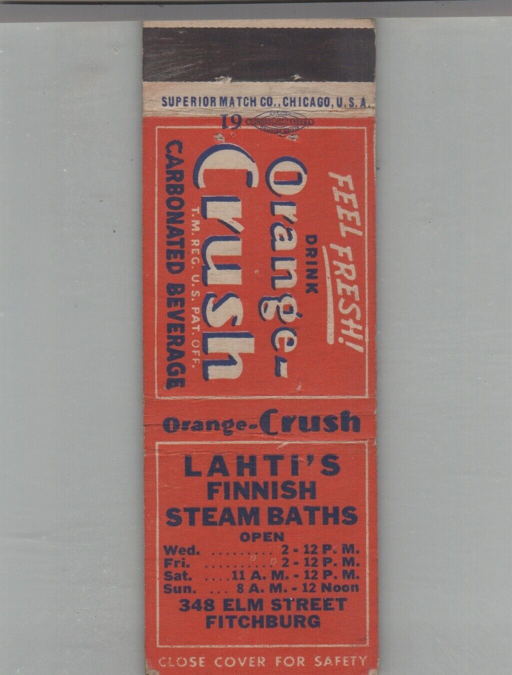Matchbook Cover Orange Crush Lahiti\'s Finish Steam Baths Fitchburg, MA