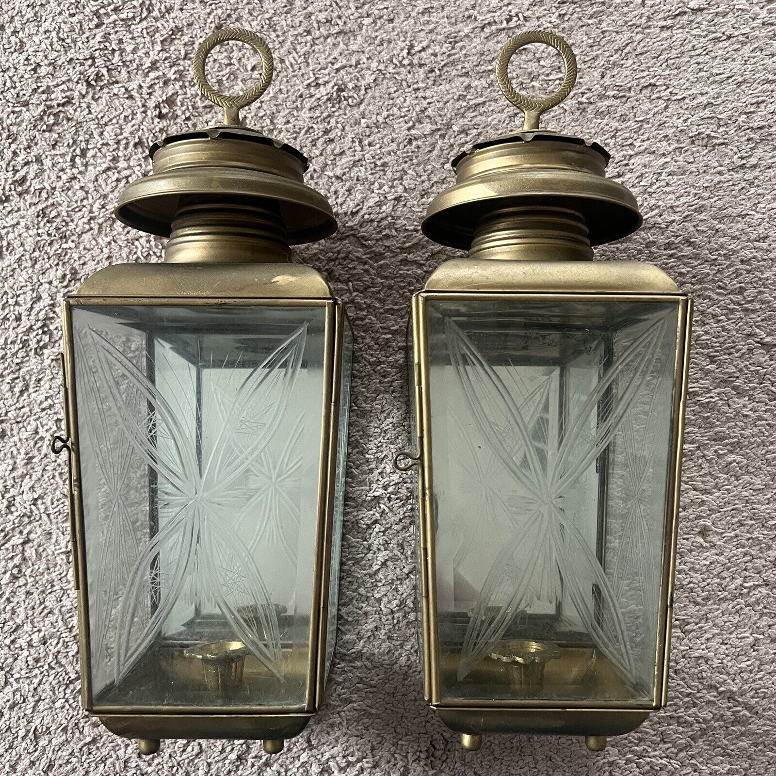 Vintage Turkish Handmade Brass Color Metal Etched Glass Candle Lantern Boho READ