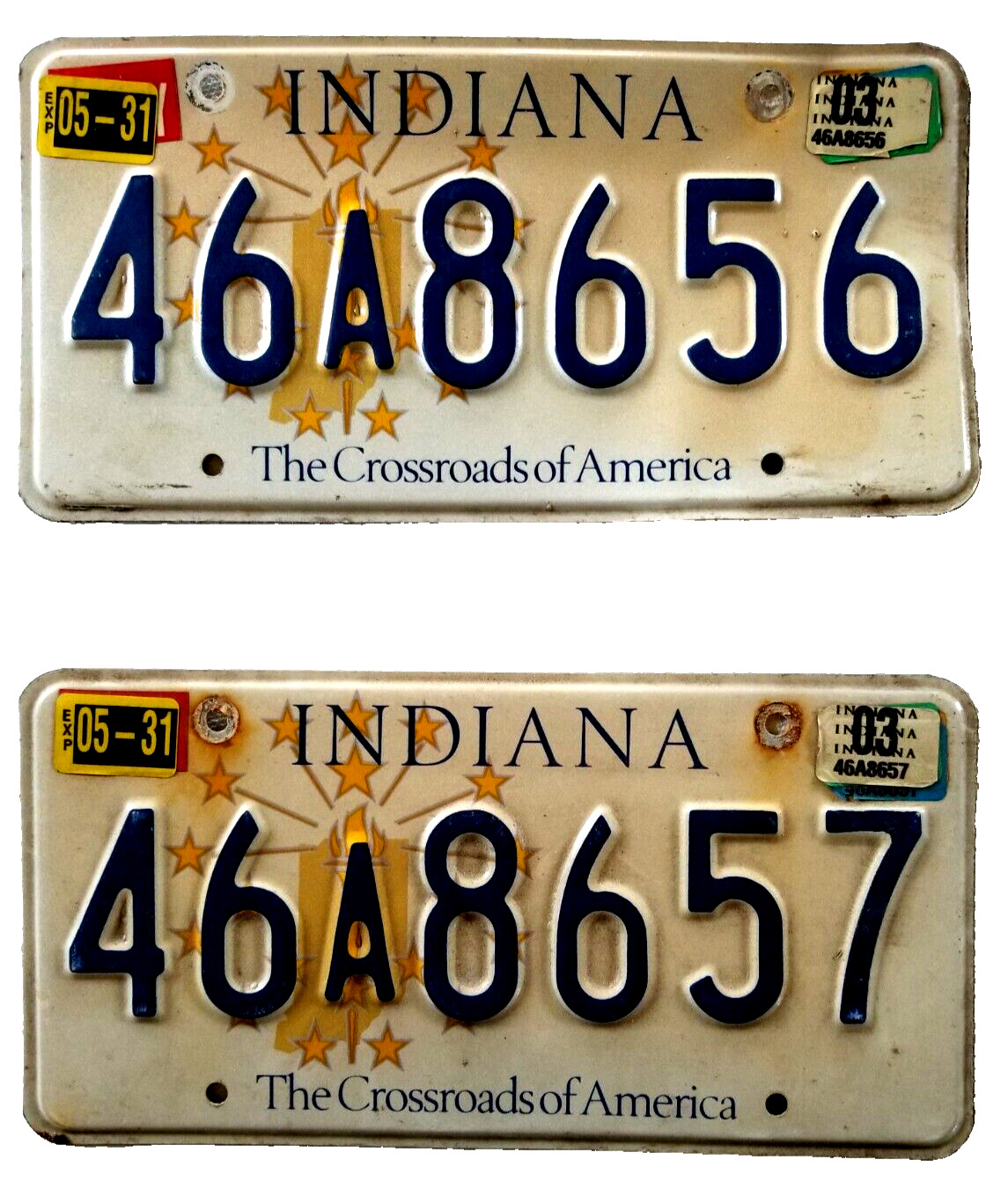 Consecutive Metal 2003 Indiana Expired License Plates 46A8656/46A8657 Crossroads