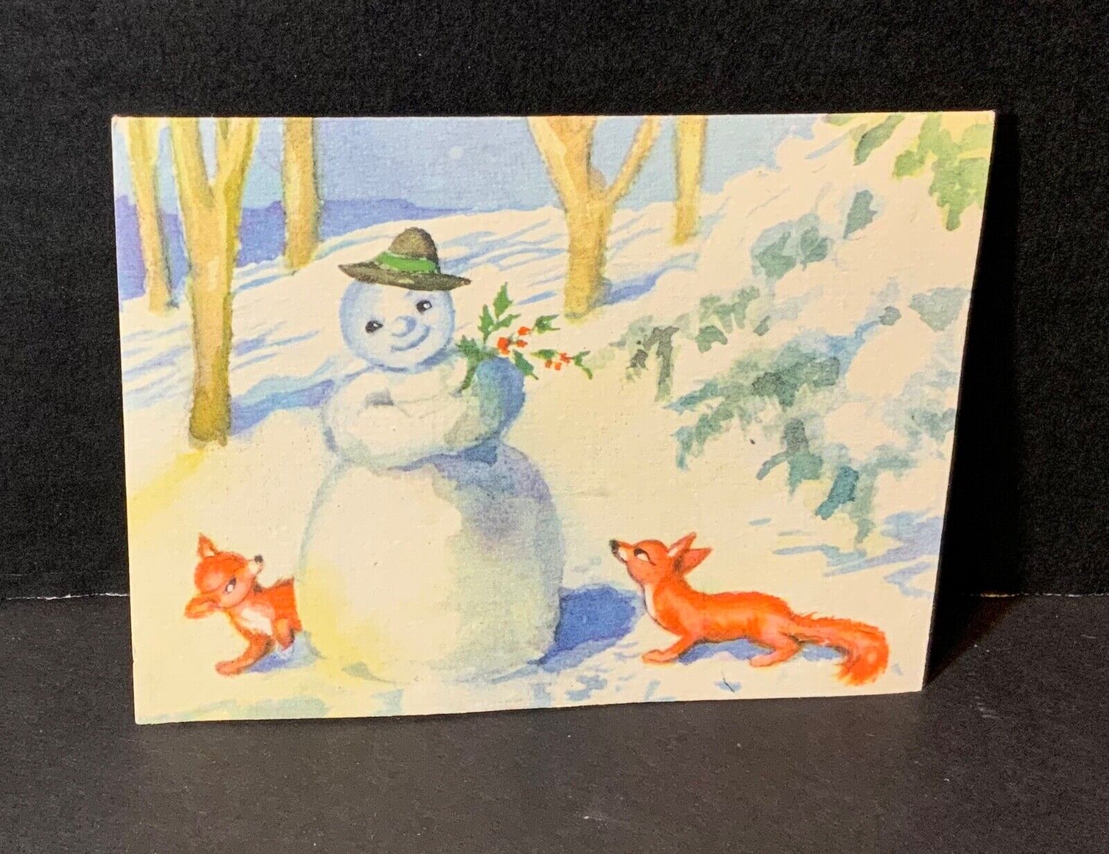 VTG Christmas Card BROWNIE Adorable Snowman With 2 Baby Foxes Fox #109 RARE