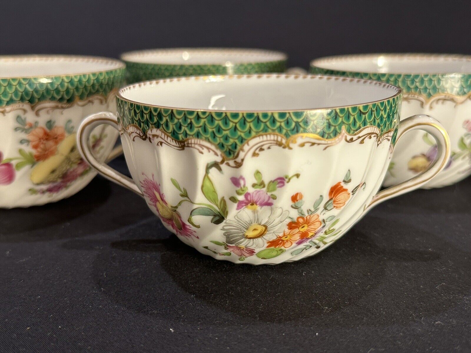 Antique C1890 Dresden Tea Cups set 4 ~ Beautiful Floral w/Gold Germany Bavaria