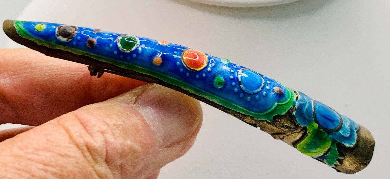 Old Export Antique Enameled Chinese Finger Guard Brooch - Minimal Enamel Loss