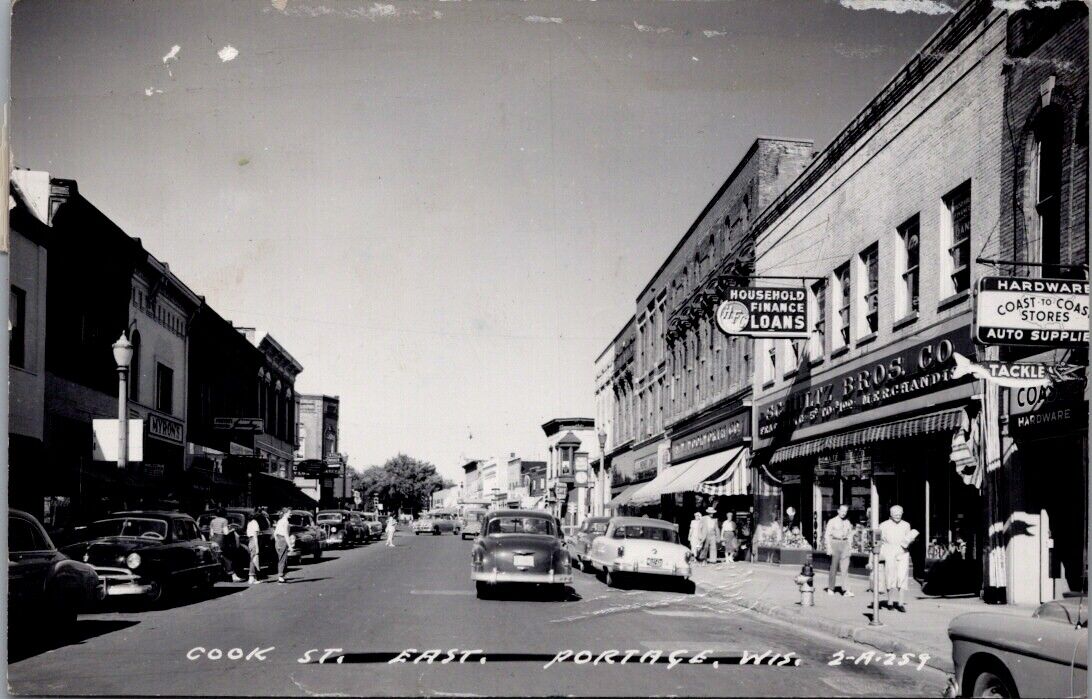 1952, Cook Street Looking East, PORTAGE, Wisconsin Real Photo Postcard