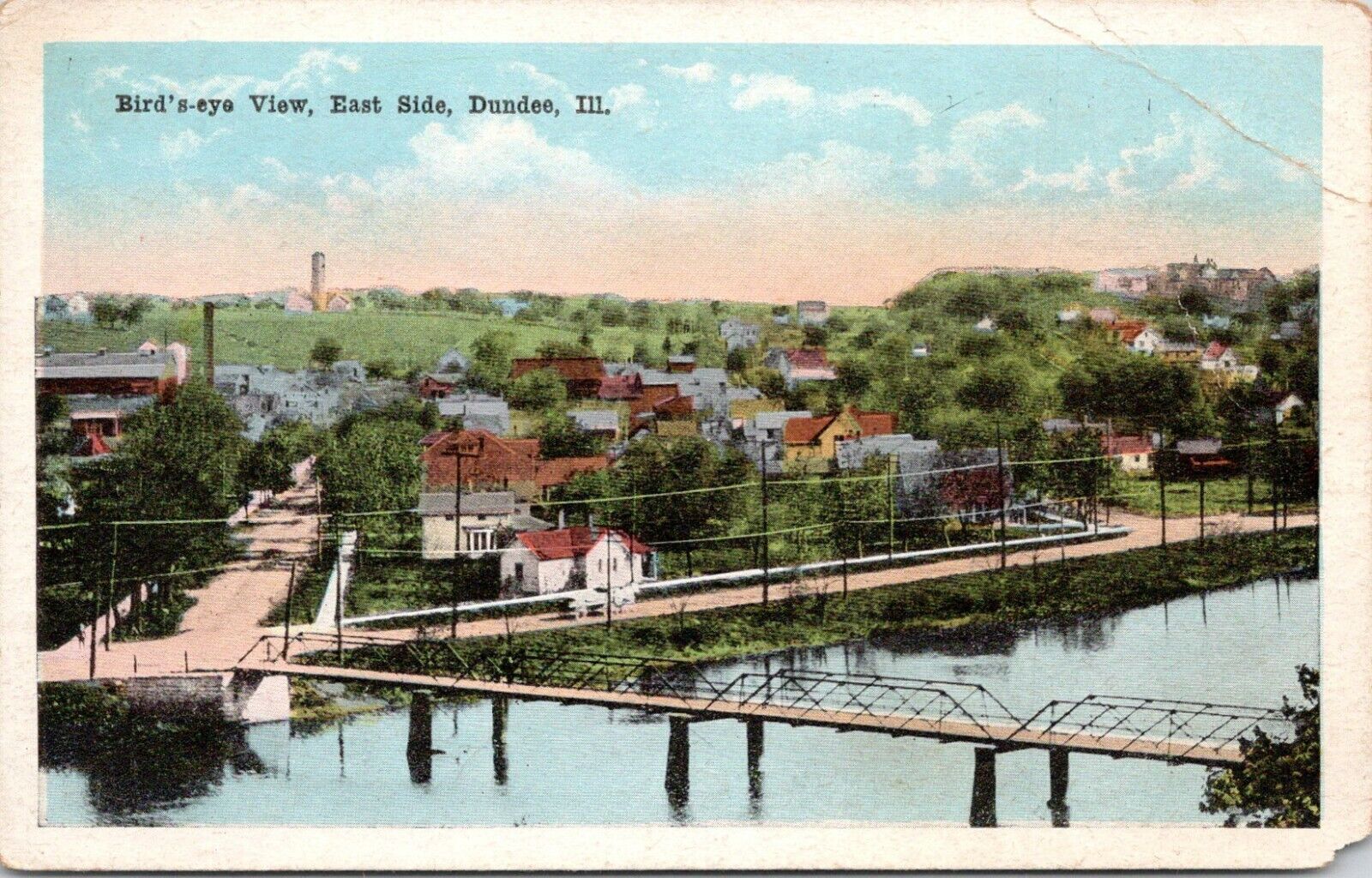 Dundee Illinois~Birdseye View East Side~Bridge in Foreground~1920s Postcard