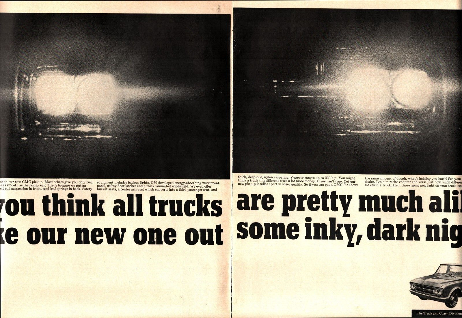 1967 GMC Truck 2 page Ad - Take Out Some Inky, Dark Night nostalgic b6