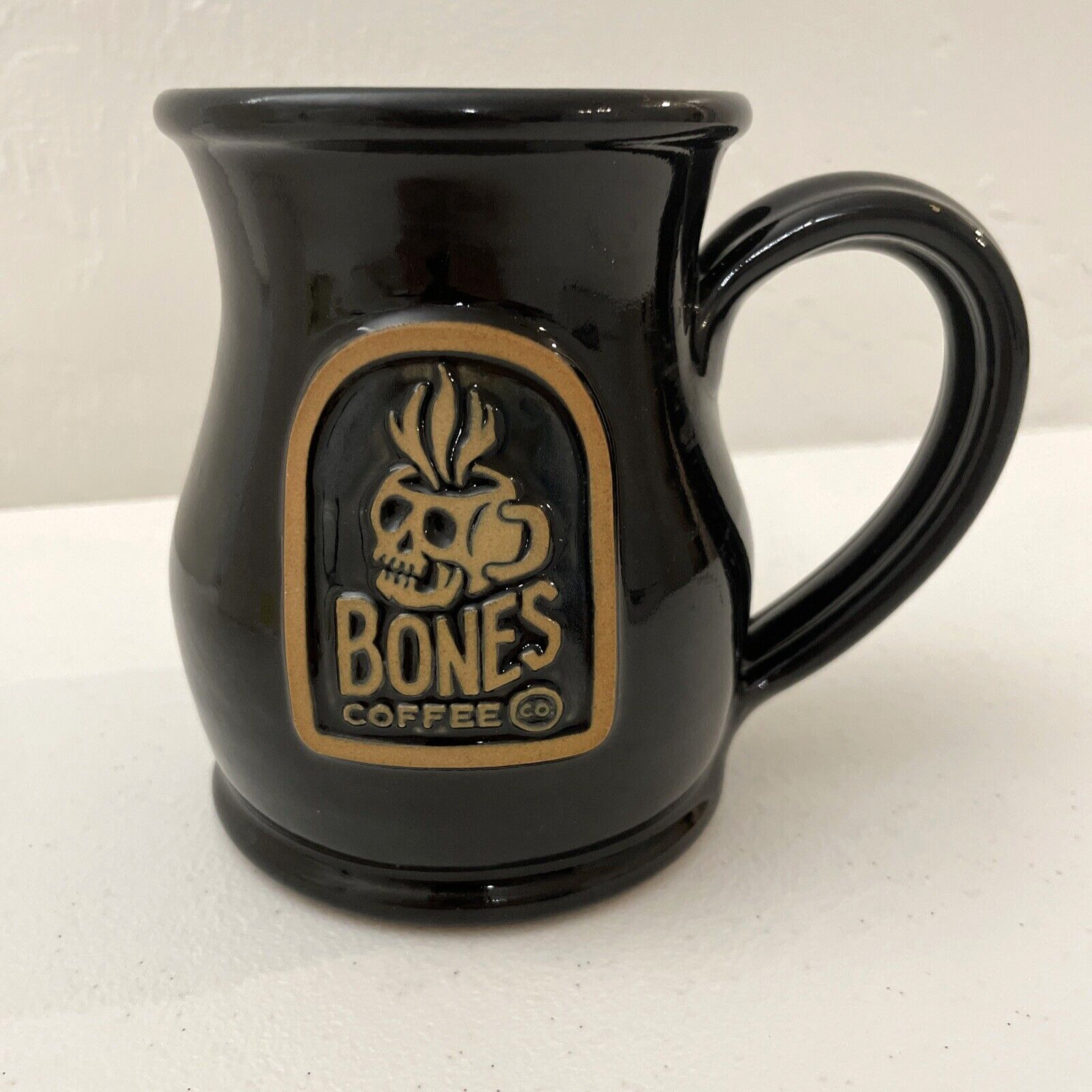 Bones Coffee Co Skull Logo Black Ceramic Mug Deneen Pottery Hand Made USA 2022