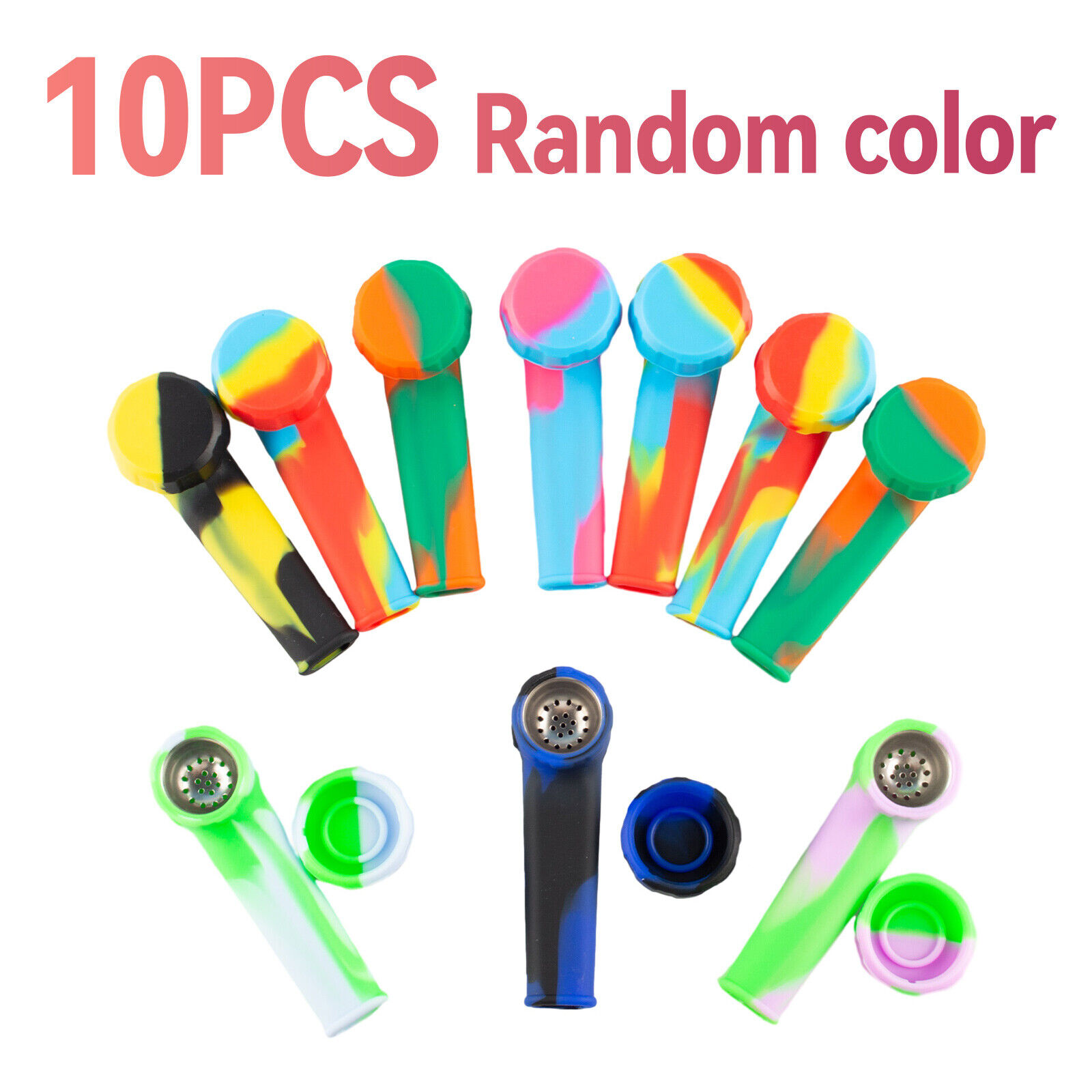 10pc 3.4\'\' Mini Silicone Smoking Hand Pipe with Metal Bowl &Cap Lid Pocket Pipe.