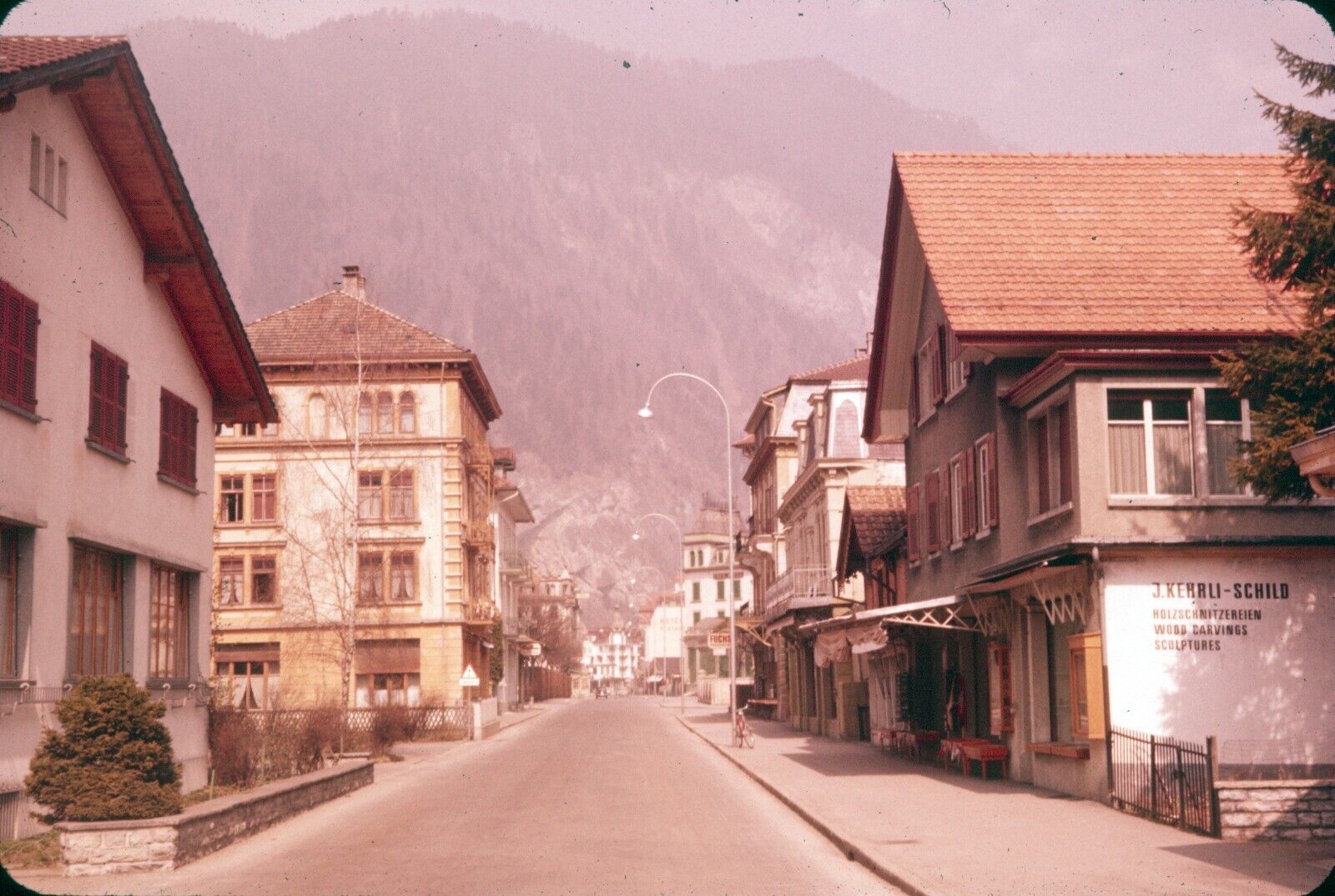 1958 Interlaken Switzerland Street View Road Buildings Mountains Vtg 35mm Slide