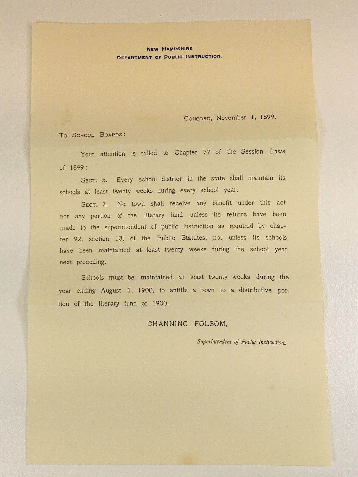 Vintage 1899 Letter NH Department Of Public Instruction Superintendent P192
