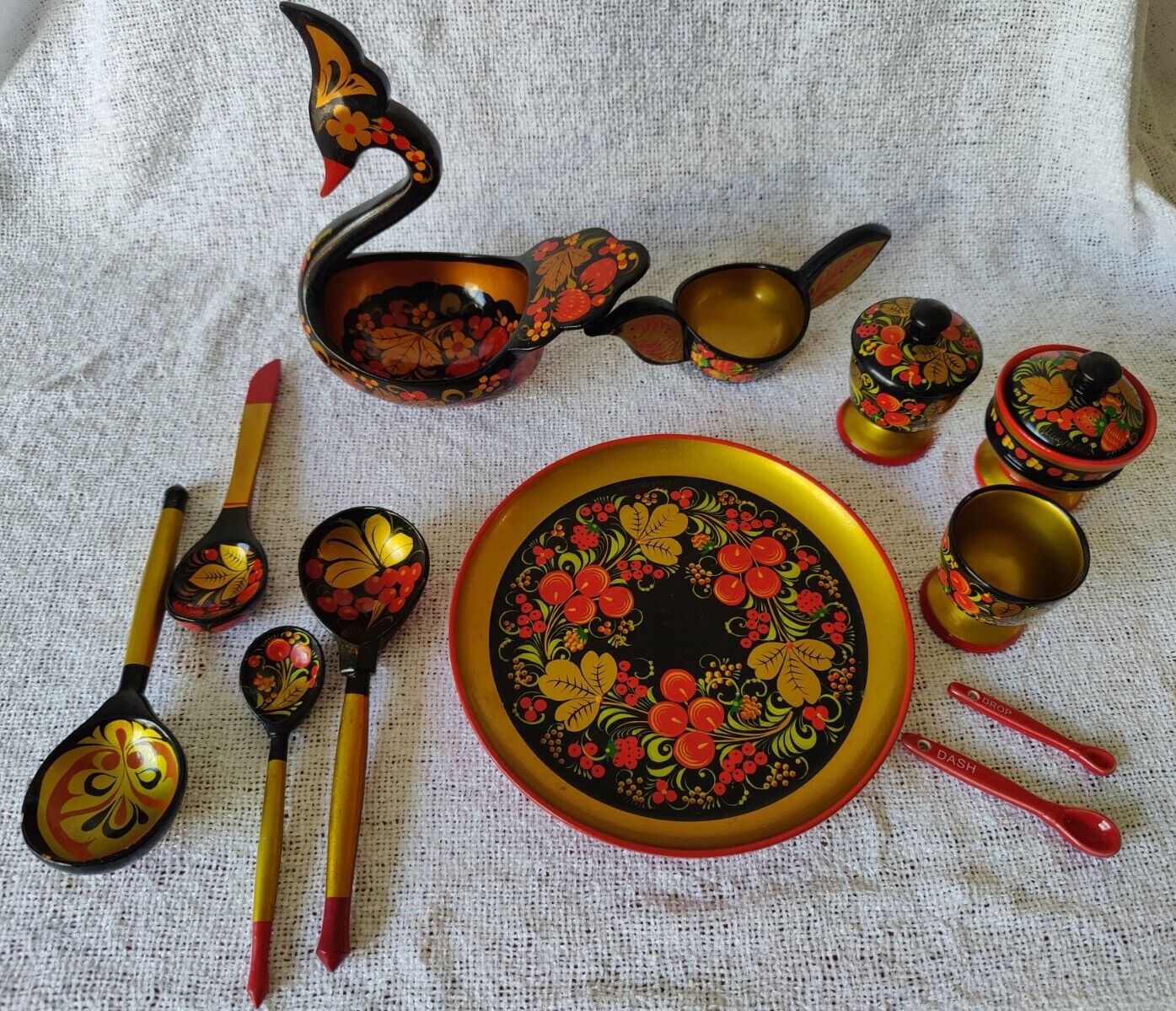 14 Pieces Vintage Russian KHOKHLOMA Hand Painted Wood Laquer (USSR) Folk Art 