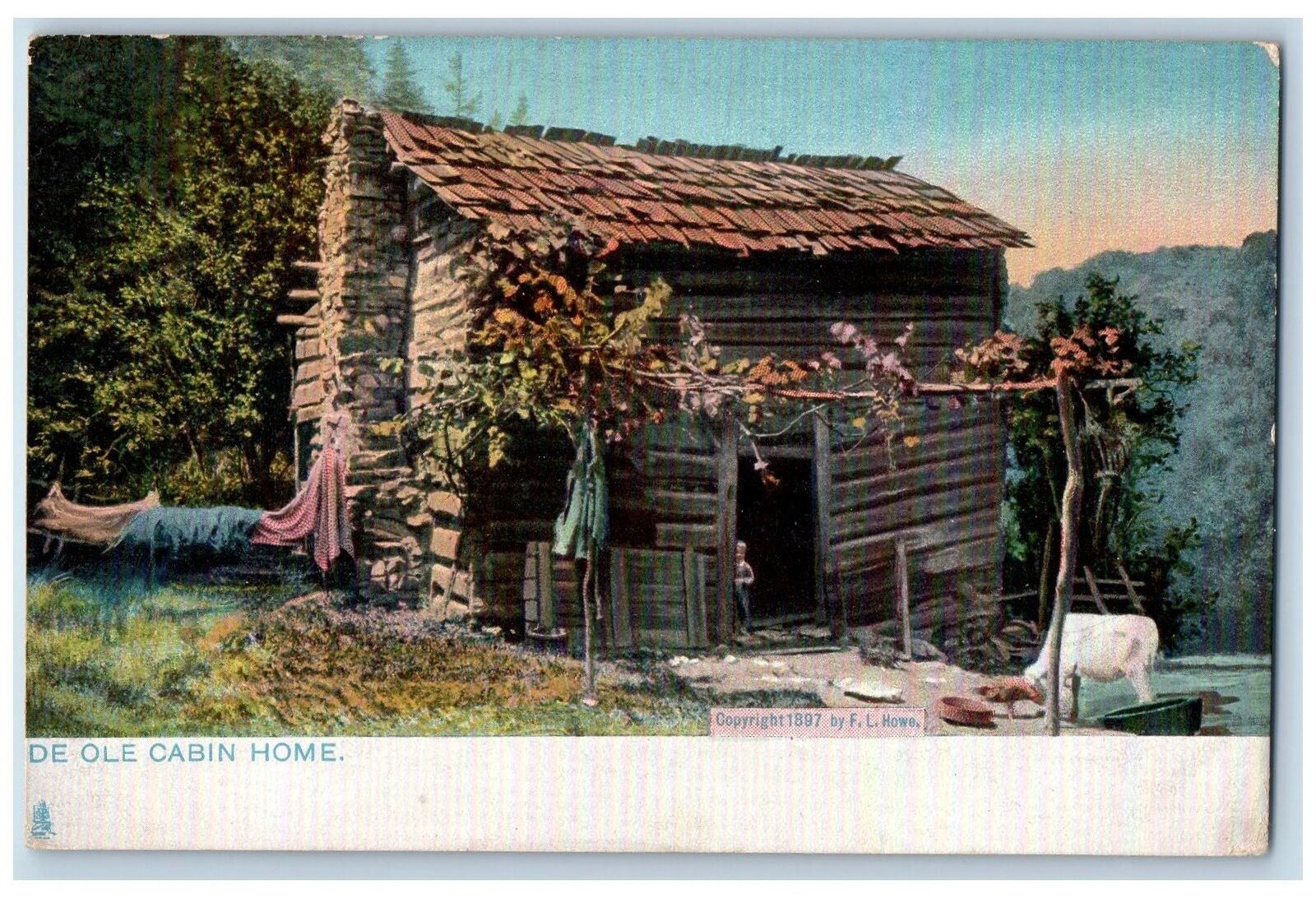  Postcard De Ole Cabin Home Child Peeking Outside Scene c1910\'s Tuck Antique