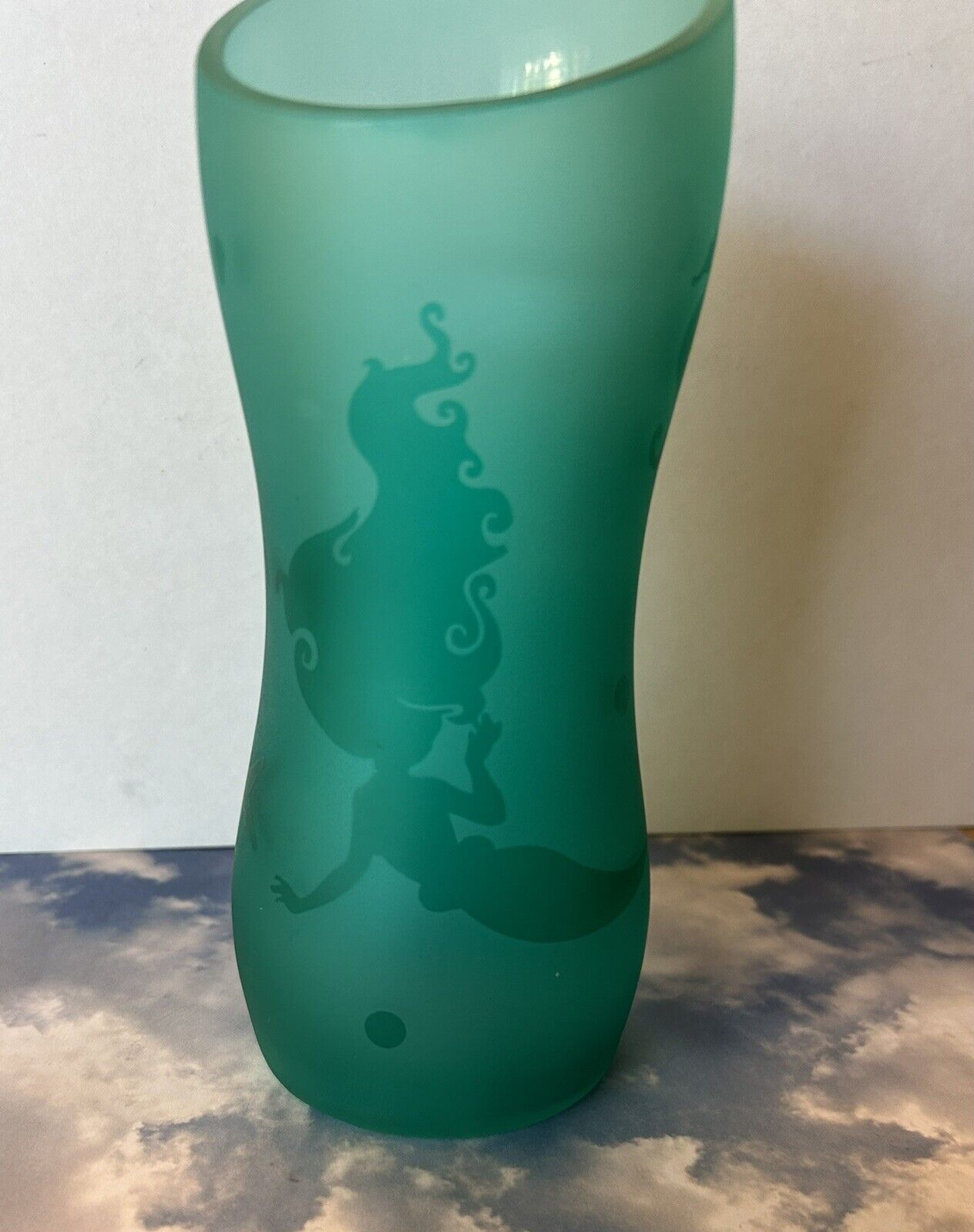 DISNEY * ARIEL LITTLE MERMAID FROSTED GLASS TEAL VASE * NEW