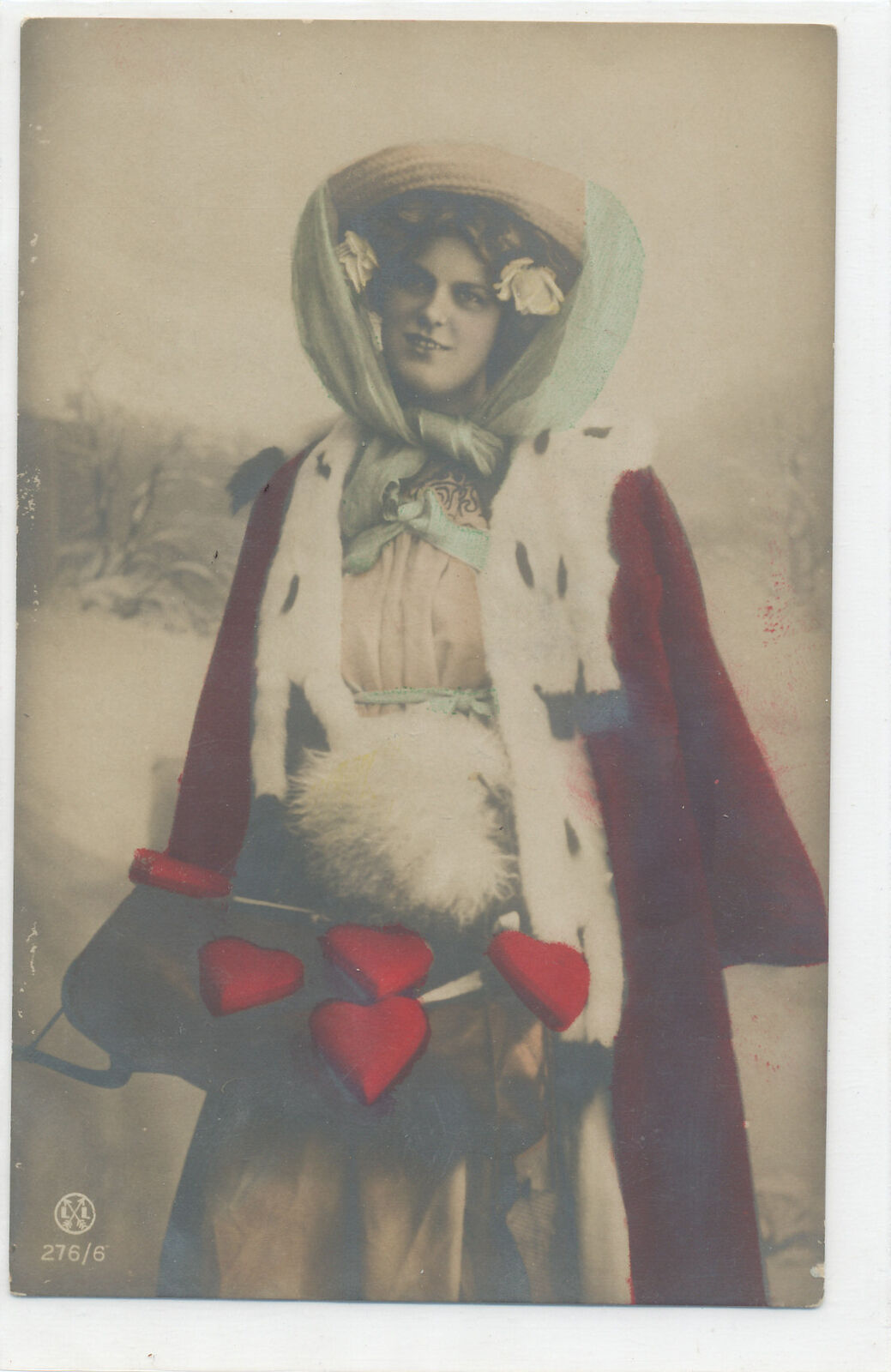 Tinted Photo postcard - Woman with Red fur Cape, Muffler and Bonnet 1908