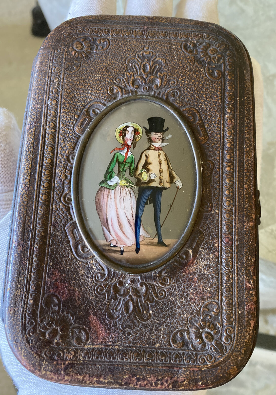 Antique French Cigarette Case, Reverse Painting Glass, Animated Couple, Eglomise