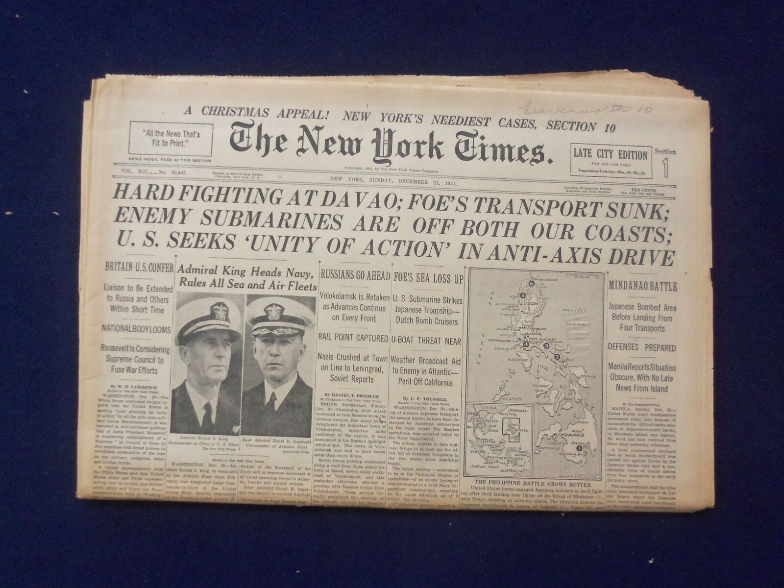 1941 DEC 21 NEW YORK TIMES - FIGHTING AT DAVAO, FOE'S TRANSPORT SUNK - NP 6486