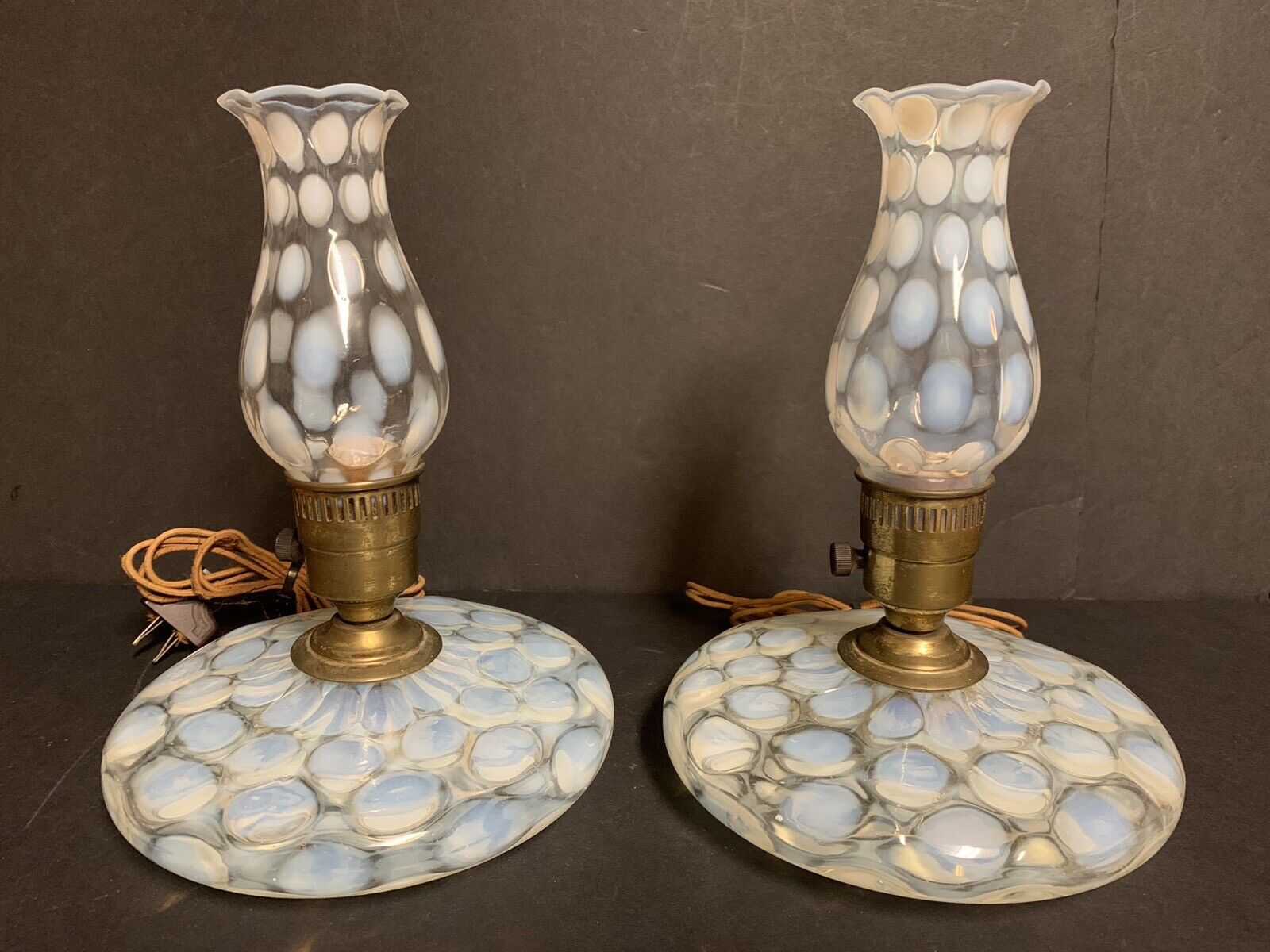 Pair of Vintage Fenton Coin Dot Glass Opalescent Pancake Lamps  UNTESTED