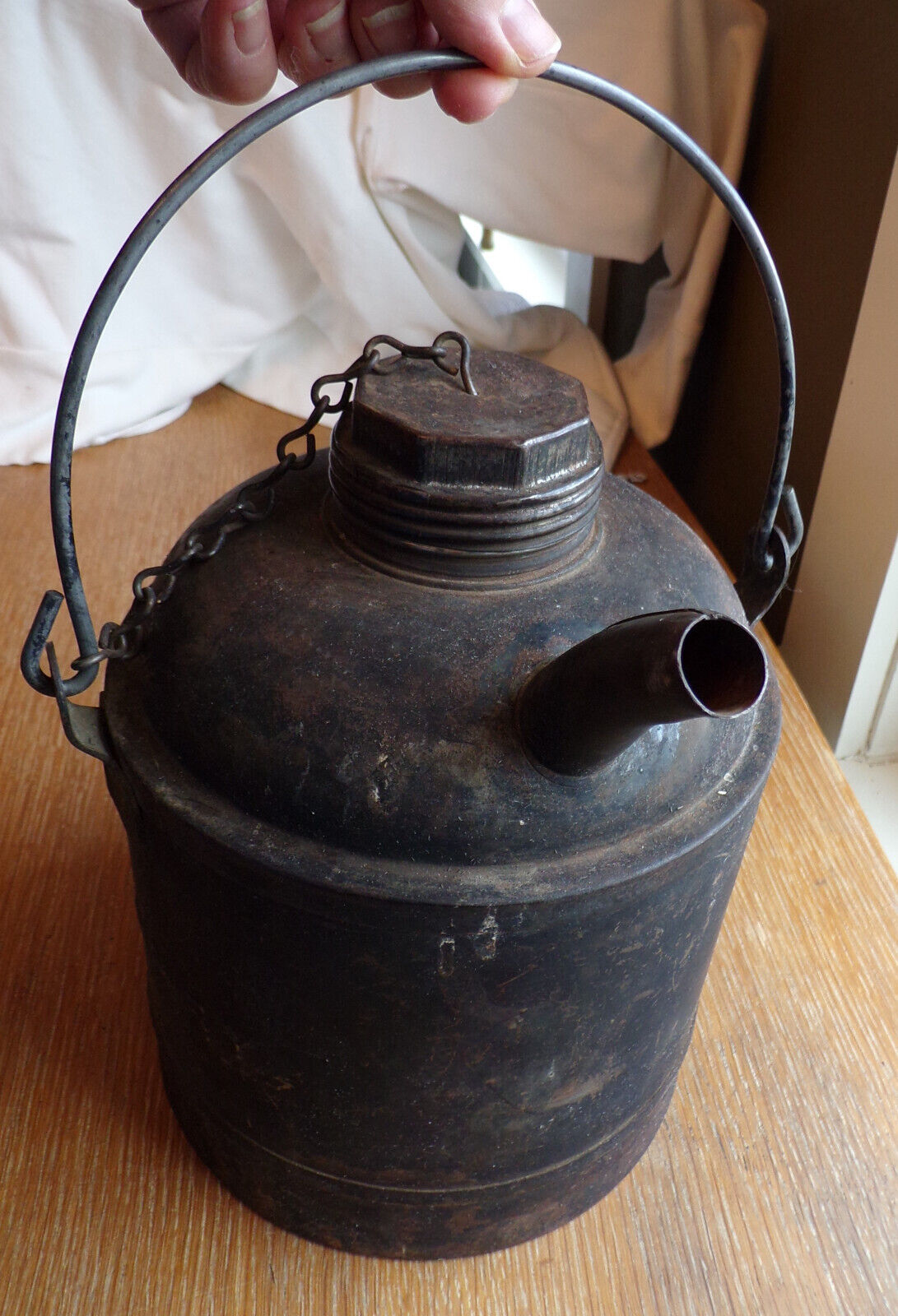 Vintage NPRY Metal Gas Can w/spout, Chained Lid, and Handle