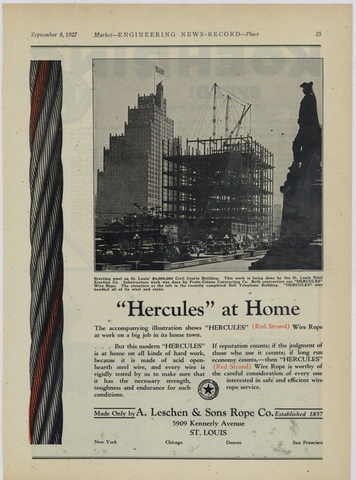 1927 Hercules Wire Rope Ad: St. Louis Civil Courts Building Construction Picture