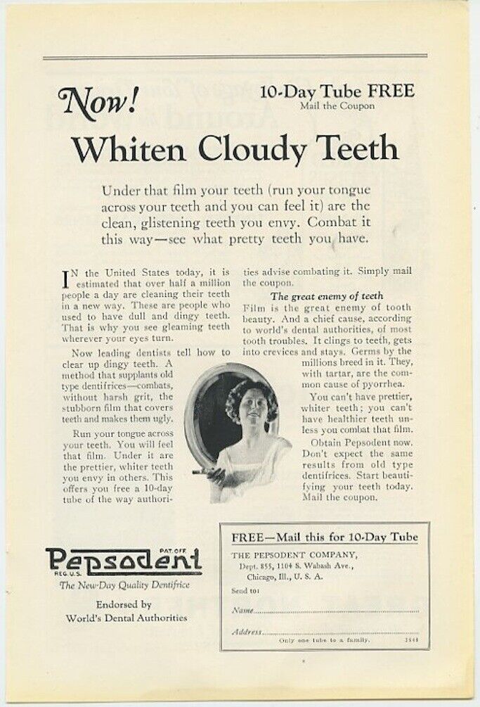 Pepsodent Whiten Cloudy Teeth 1925 Vintage Ad
