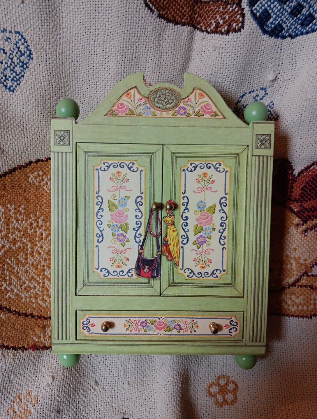 Vintage Green Mary Engelbreit Armoire Doors Drawer Open Jewelry Storage Box 10”