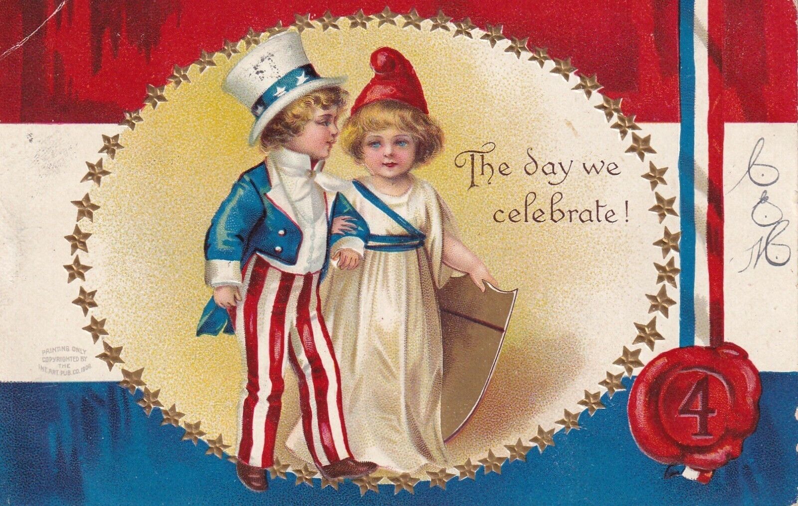 Vintage Postcard - 4th of July Patriotic Embossed Two Children Dressed Up
