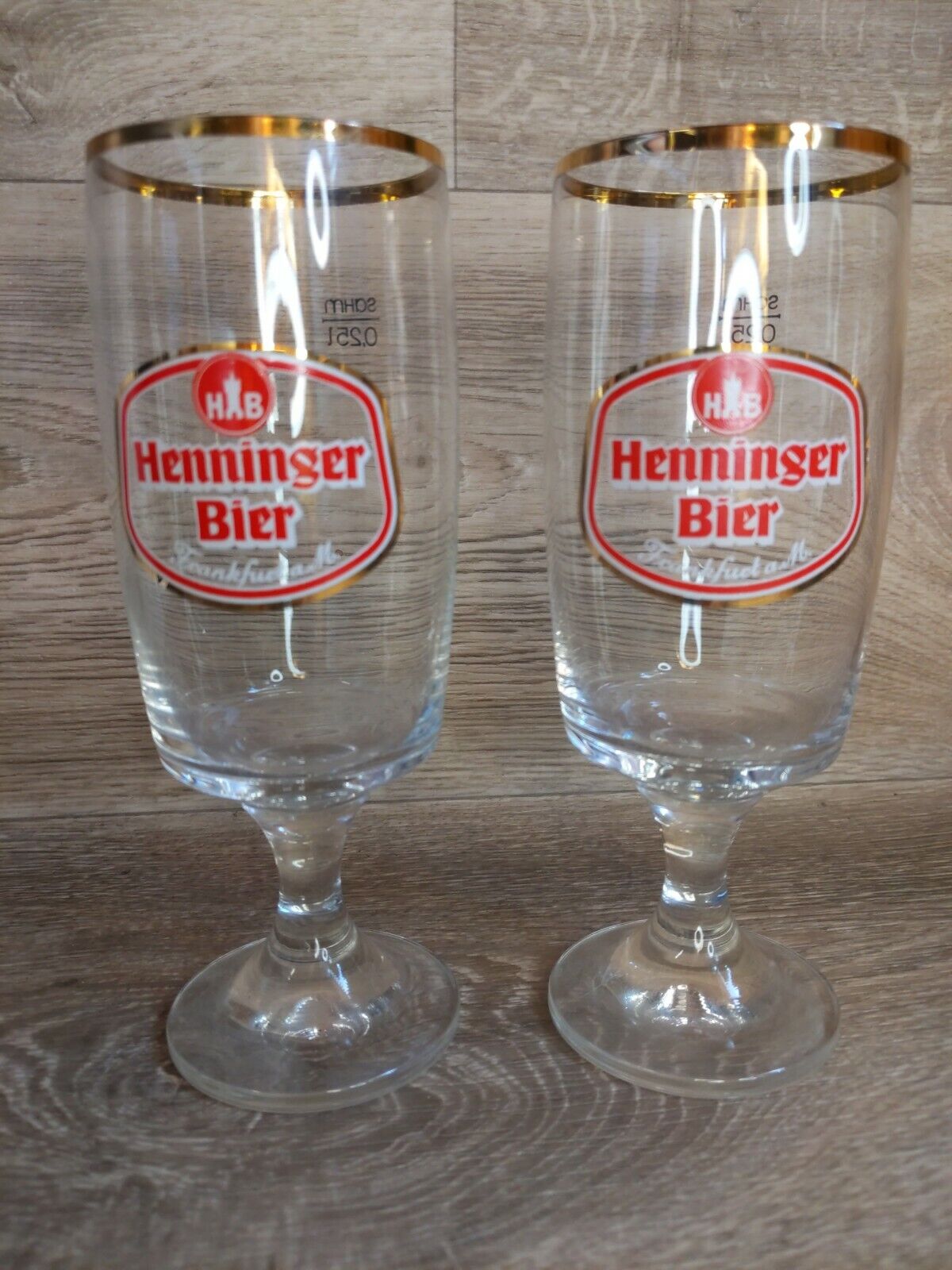 2 VINTAGE HENNINGER BIER PILSNER STEMMED CRYSTAL BEER GLASSES