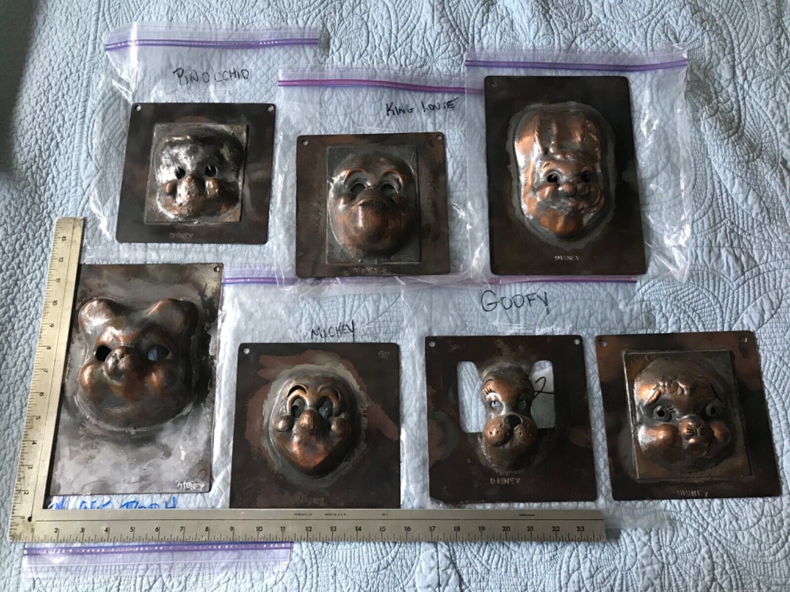 c.1960’s  7 DISNEY CHARACTER COPPER  MOLDS FOR PLASTER HEADS USED IN DISNEYLAND