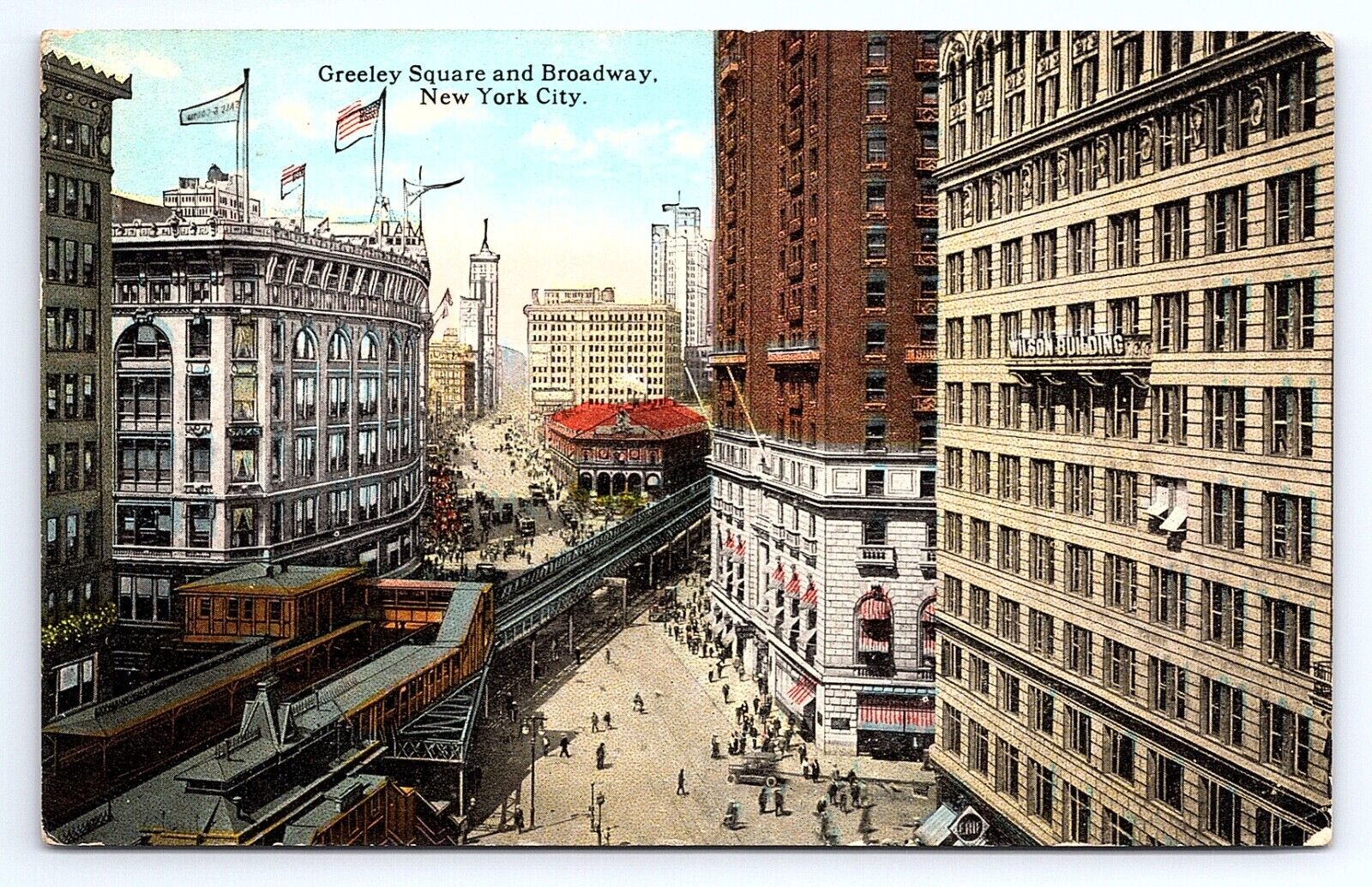 Postcard Greeley Square and Broadway New York City NY Elevated Train Line Aerial