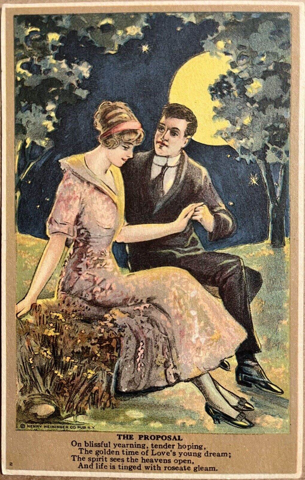 Romantic Couple Full Moon Man Proposing to Pretty Girl Vintage Postcard c1920