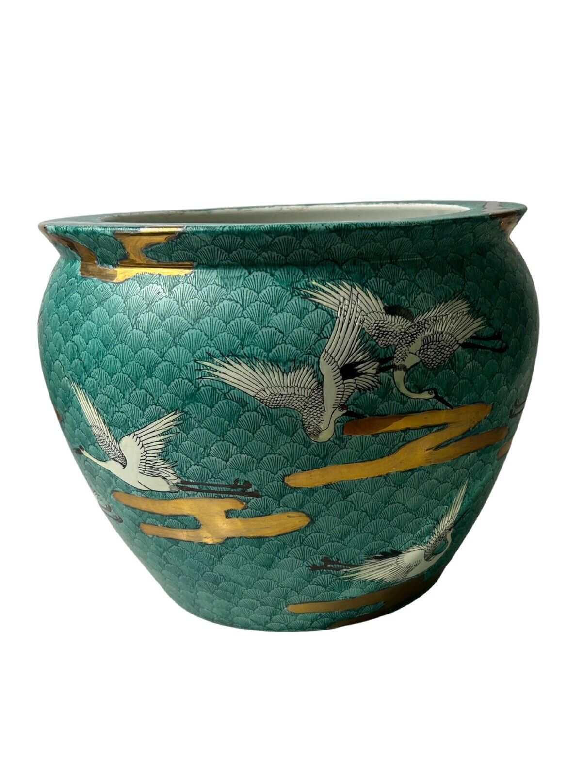 Japanese Koi Pot Green Blue Planter Bowl White Herons 12 1/2 “w X 10 1/4”h