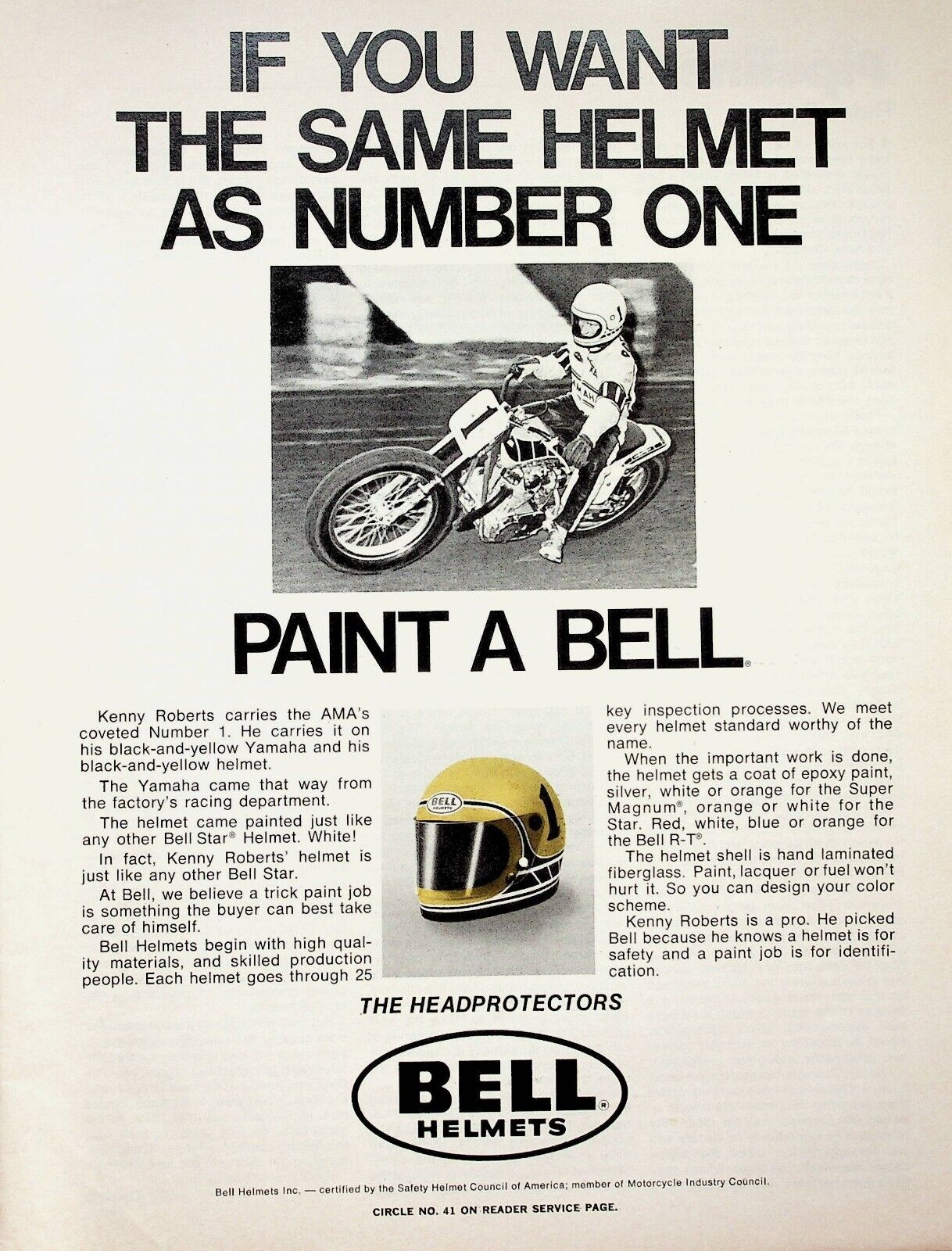 1974 Kenny Roberts Yamaha Bell Star Motorcycle Helmets - Vintage Ad