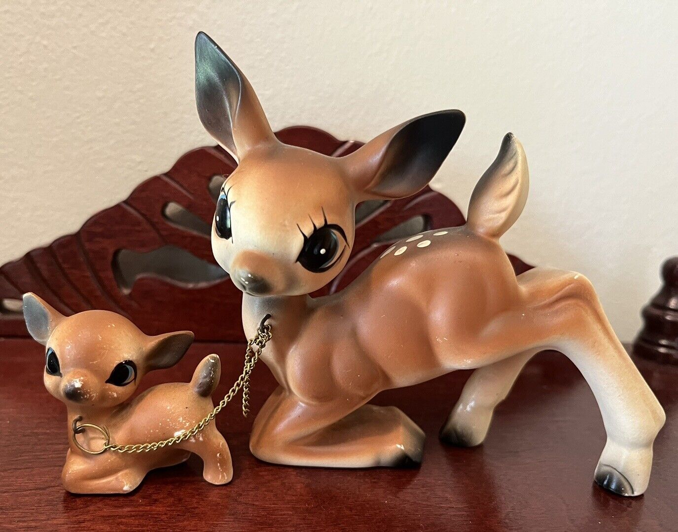 Vintage Deer Figurine Mom And Baby Fawn Japan Chain Kitsch Cute 1950s