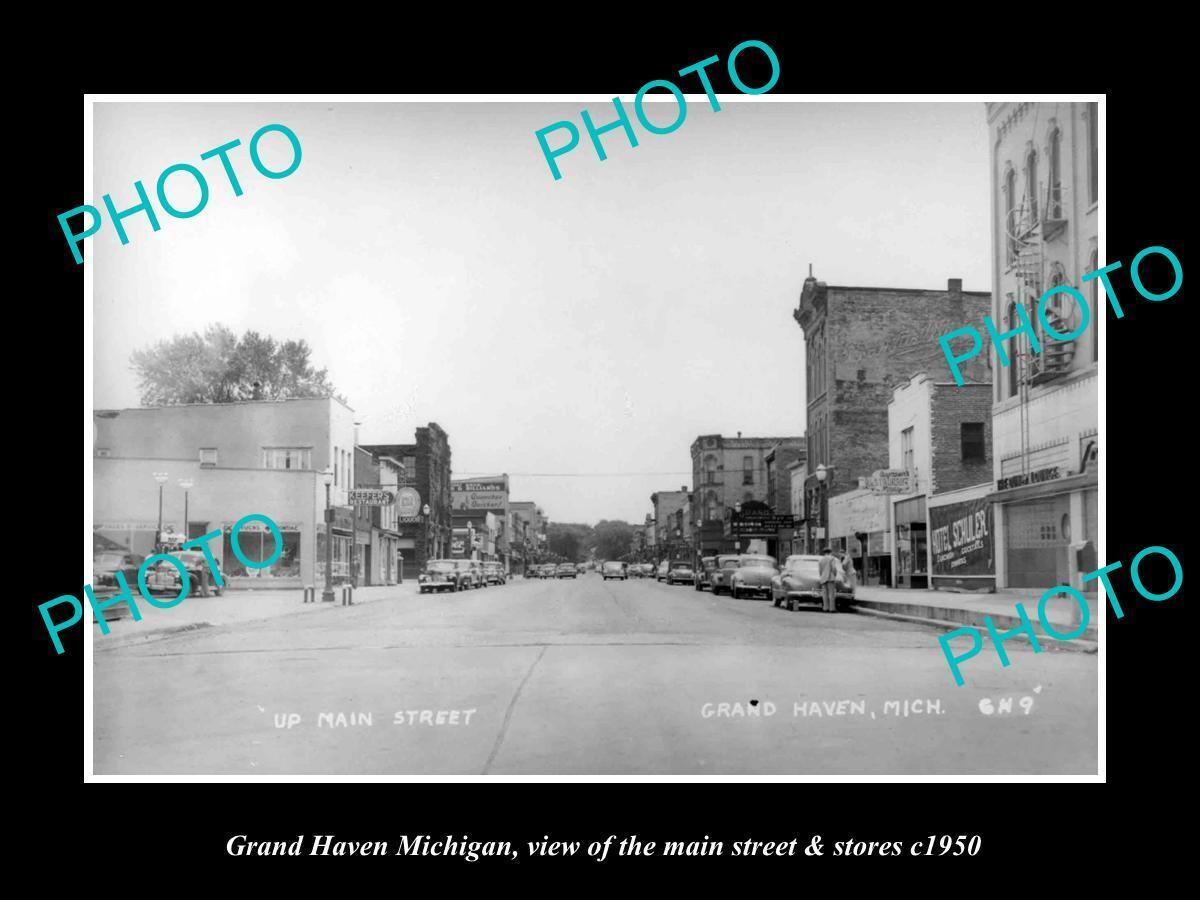 OLD LARGE HISTORIC PHOTO OF GRAND HAVEN MICHIGAN THE MAIN ST & STORES c1950