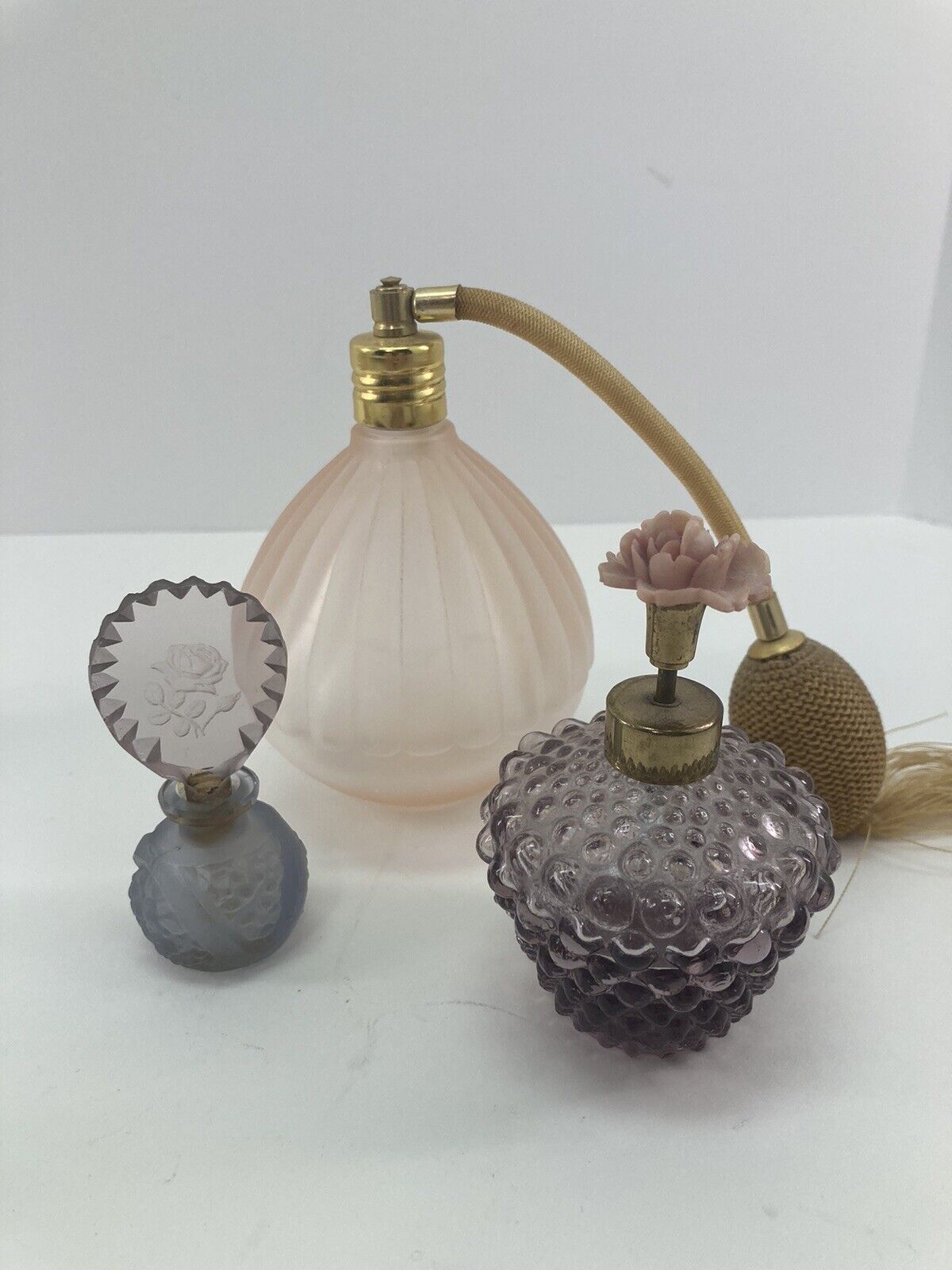 (3) Vintage Perfume Bottles Glass Atomizer Purple Pink