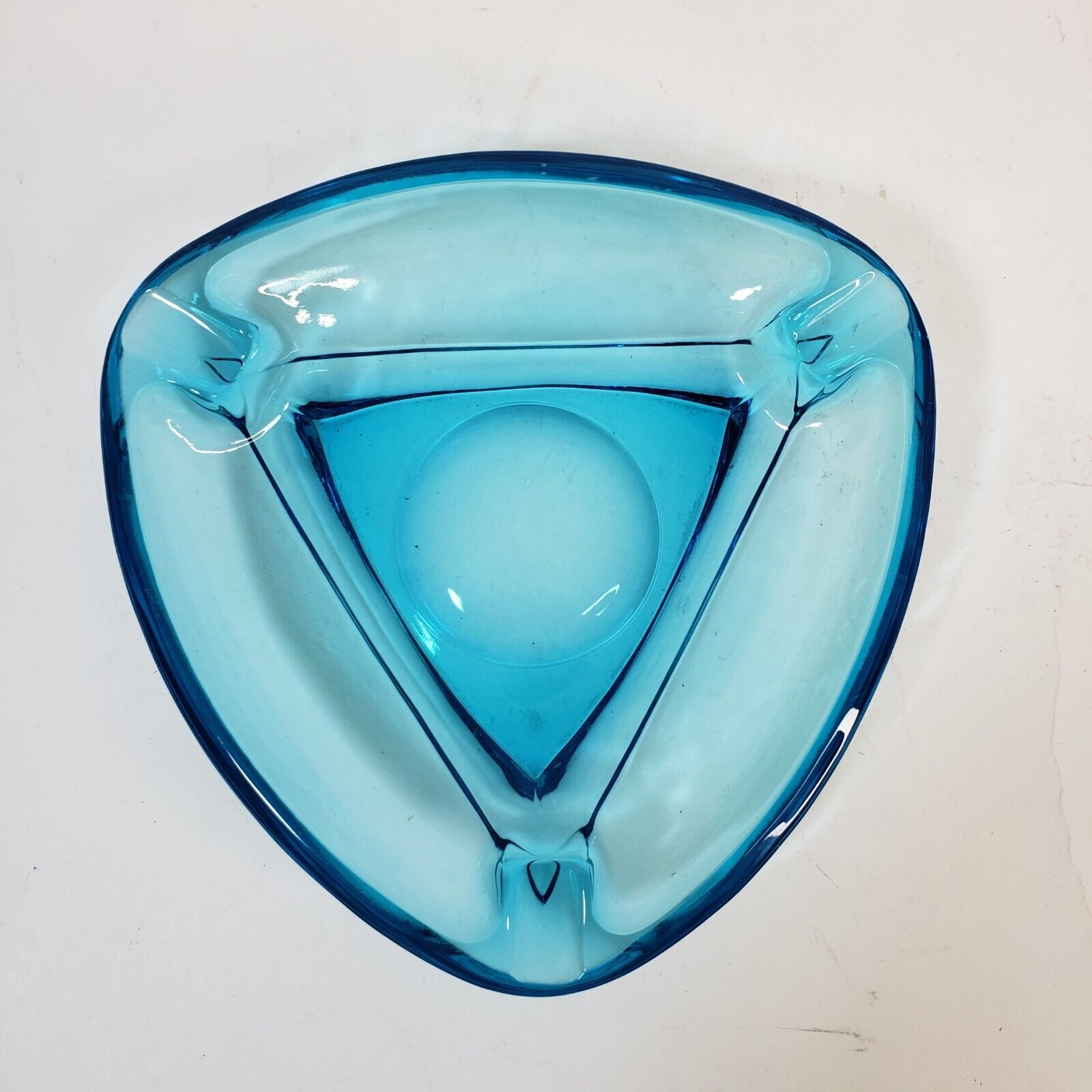 Vintage MCM Hazel Atlas Triangle Atomic Aqua Blue Glass Ashtray 7”