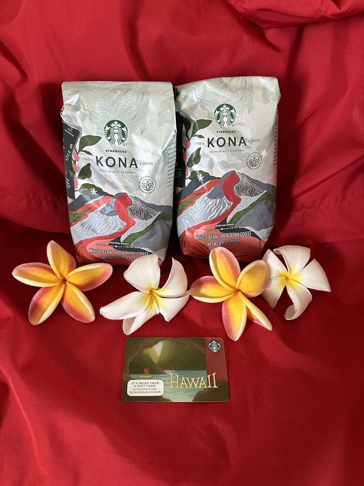(2) BAGS STARBUCKS 100% KONA WHOLE BEANS COFFEE 8.8 oz + RARE OOP HAWAII CARD