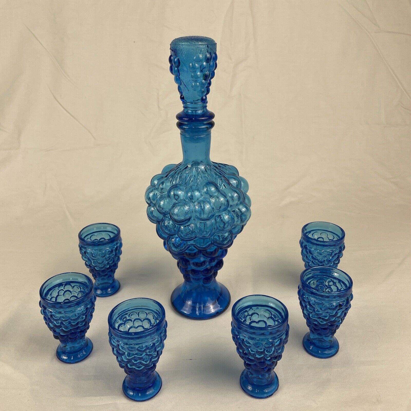 Empoli VETRERIA ETRUSCAN Royal Blue Bubble Glass Decanter 6 Cordials Grapes 1950