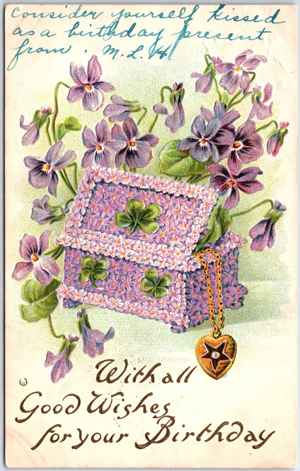VINTAGE POSTCARD FLOWERED EMBOSSED JEWELRY BOX CLOVER LEAF BIRTHDAY (1910s)