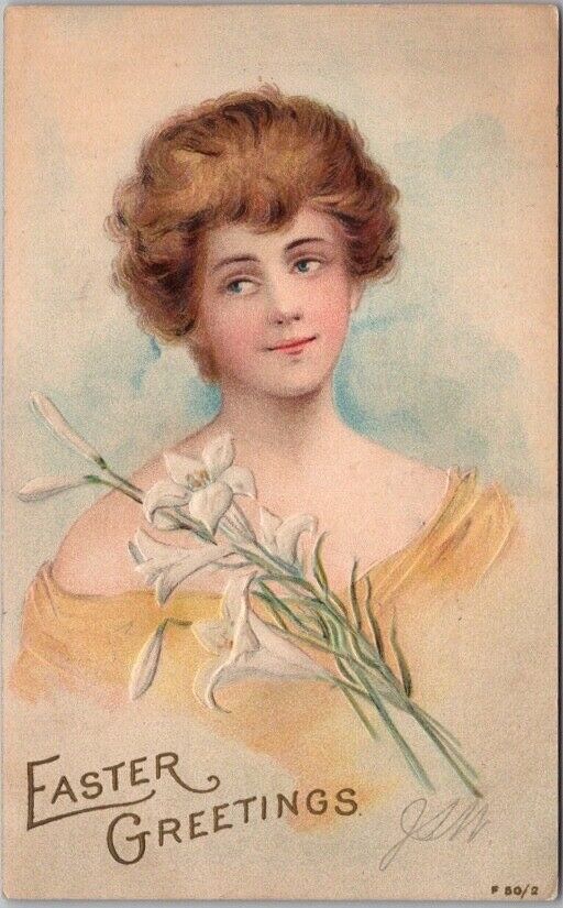 Vintage EASTER Greetings Postcard Pretty Lady / Lily Flowers / Rotograph - 1908