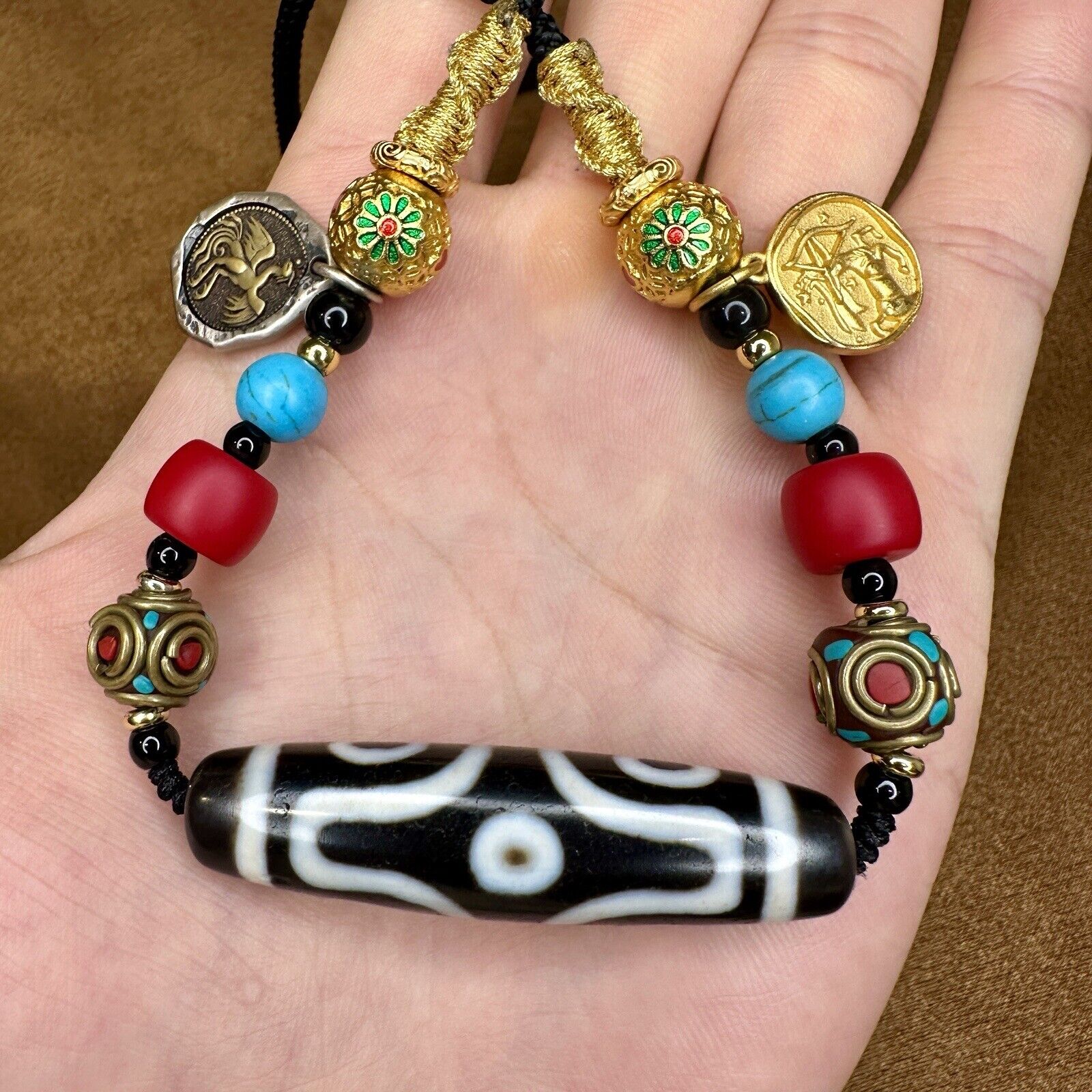Tibetan Dzi Bead necklace ‘6 Eyes Cross 十字六眼’ Amulet 50mm x 12mm x 10.4mm