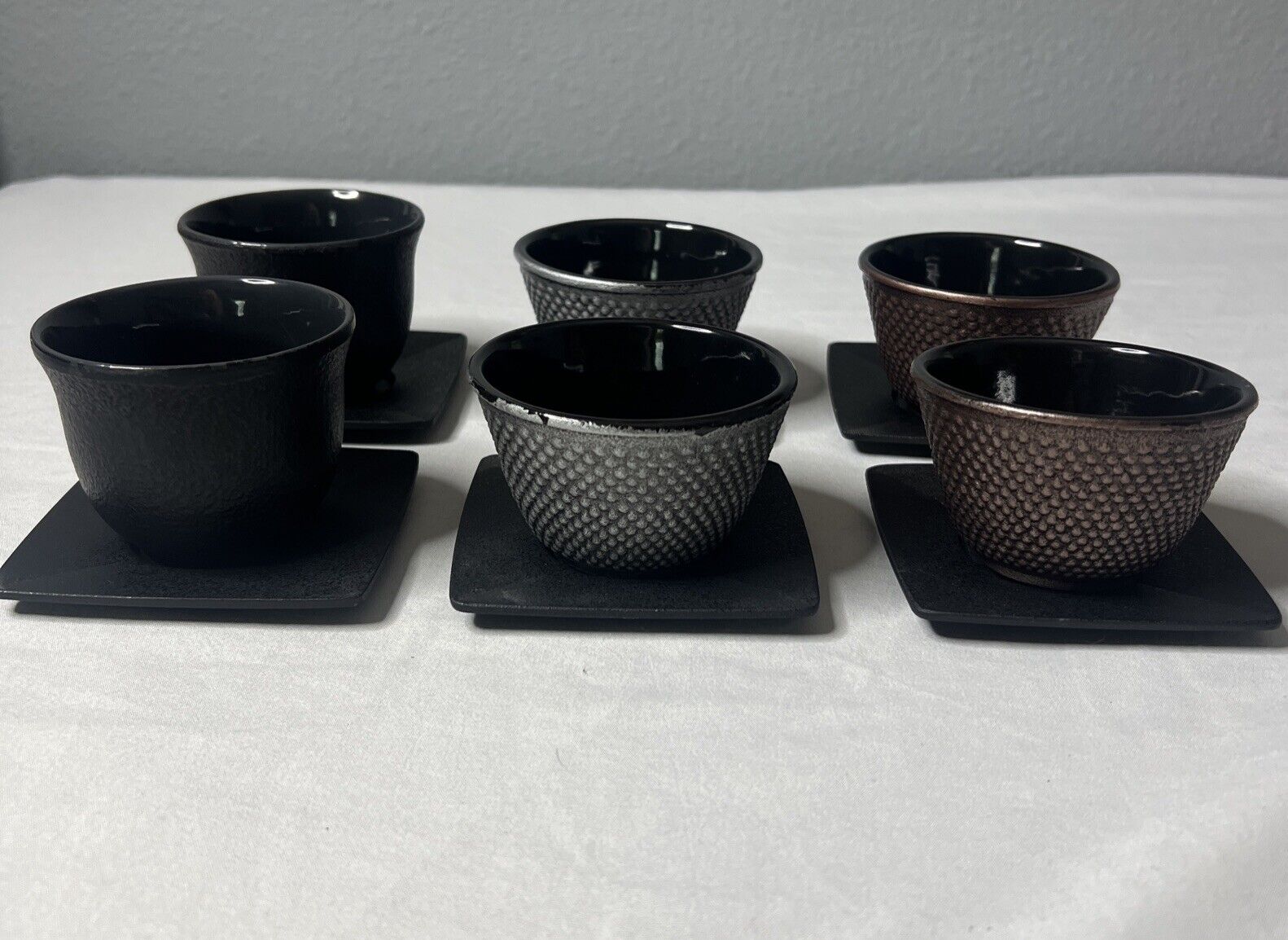 Vtg Set of 6 Japanese Cast Iron Tea Cups [2 Sizes] Black Rust & Silver & Coaster
