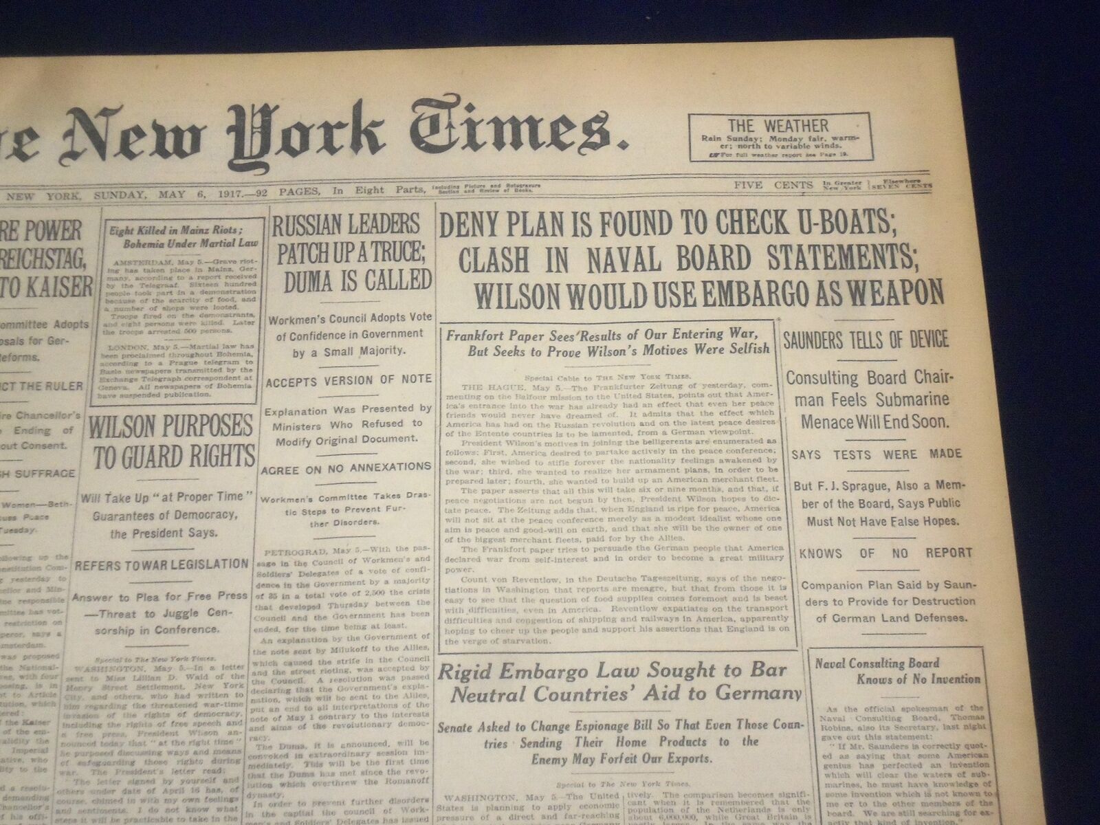 1917 MAY 6 NEW YORK TIMES - DENY PLAN FOUND TO CHECK U-BOATS - NT 9135