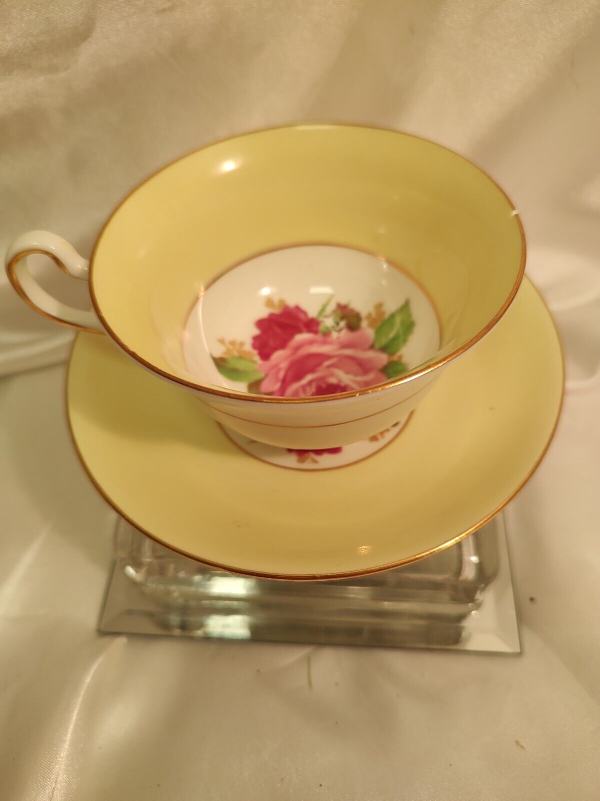 Rosina tea cup and saucer pink cabbage rose teacup blue bands England 1940s