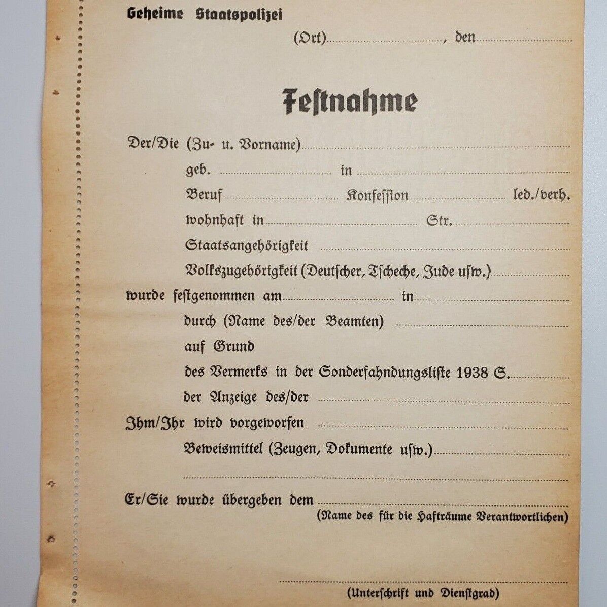 WW2 German Secret Police small printed Ticket arrest paperwork blank Original