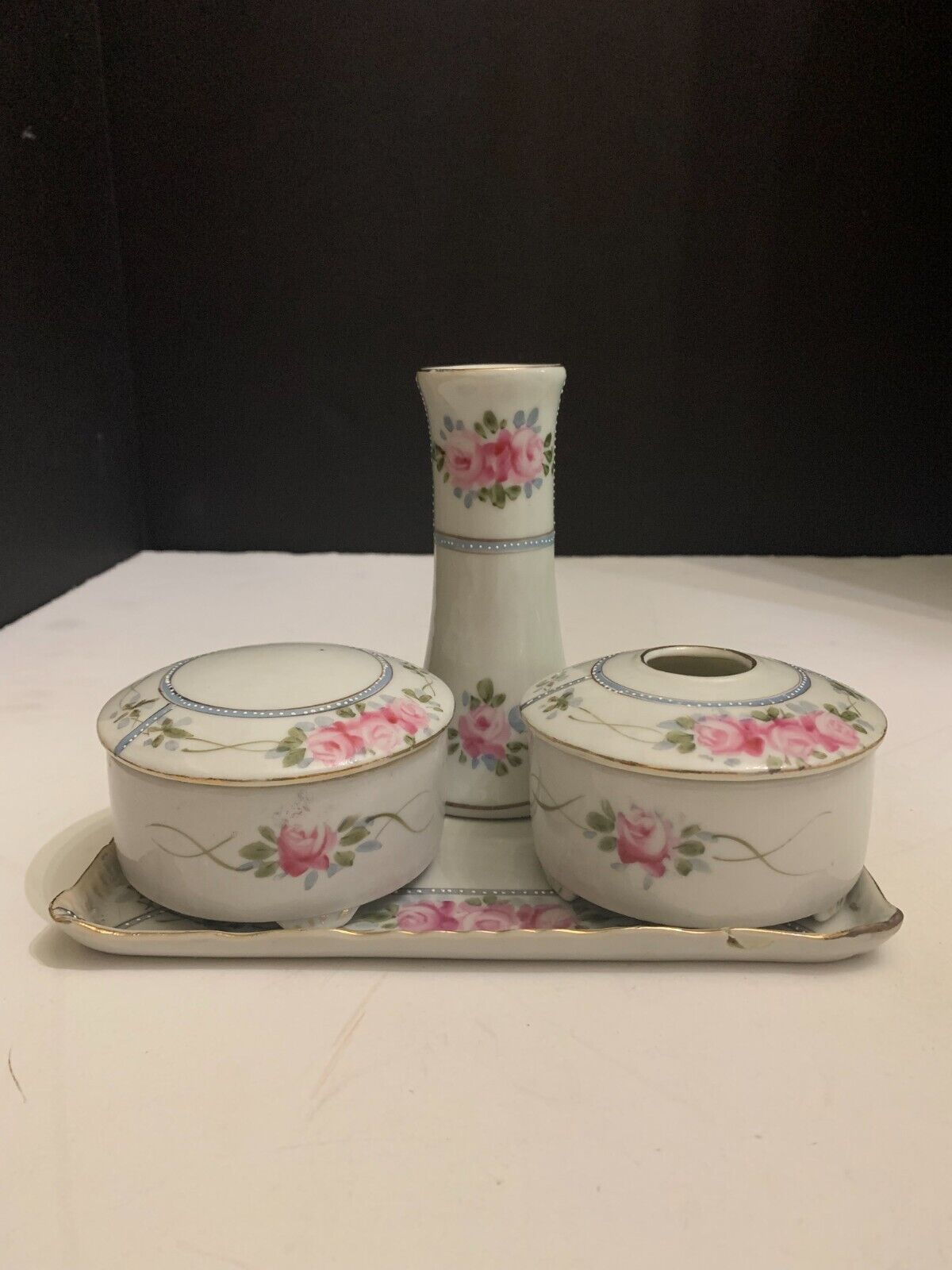 Vintage 4 Piece Porcelain Dresser Vanity Set Pink Roses Made in Japan