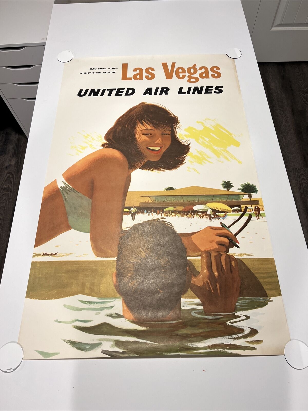Original Vintage Poster LAS VEGAS UNITED AIR LINES Airline Travel GALLI LINEN