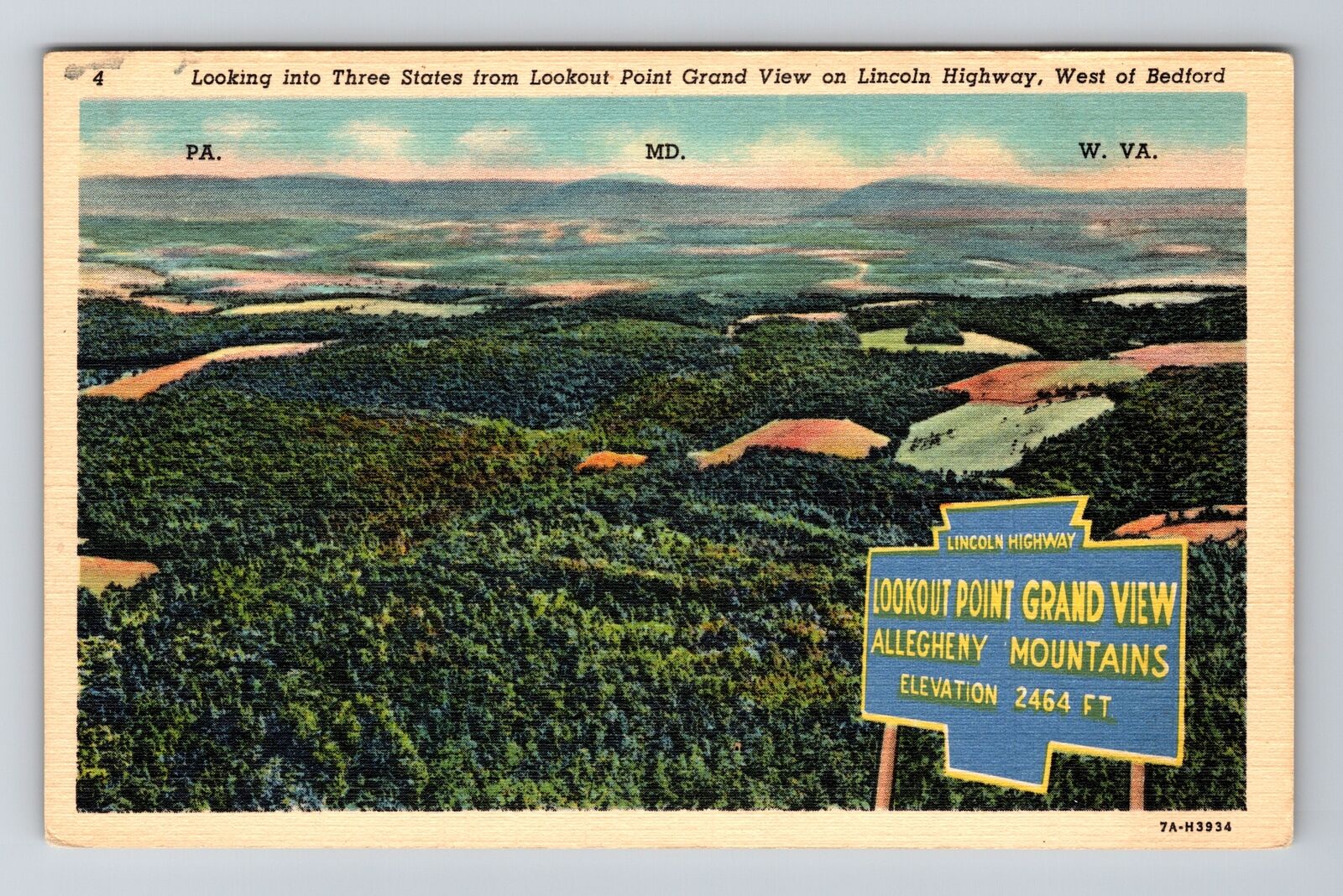 WV-West Virginia Looking Into Three States from Lookout Point Vintage Postcard