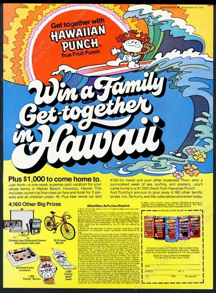 1974 Hawaiian Punch surfer surfing cartoon vintage print ad