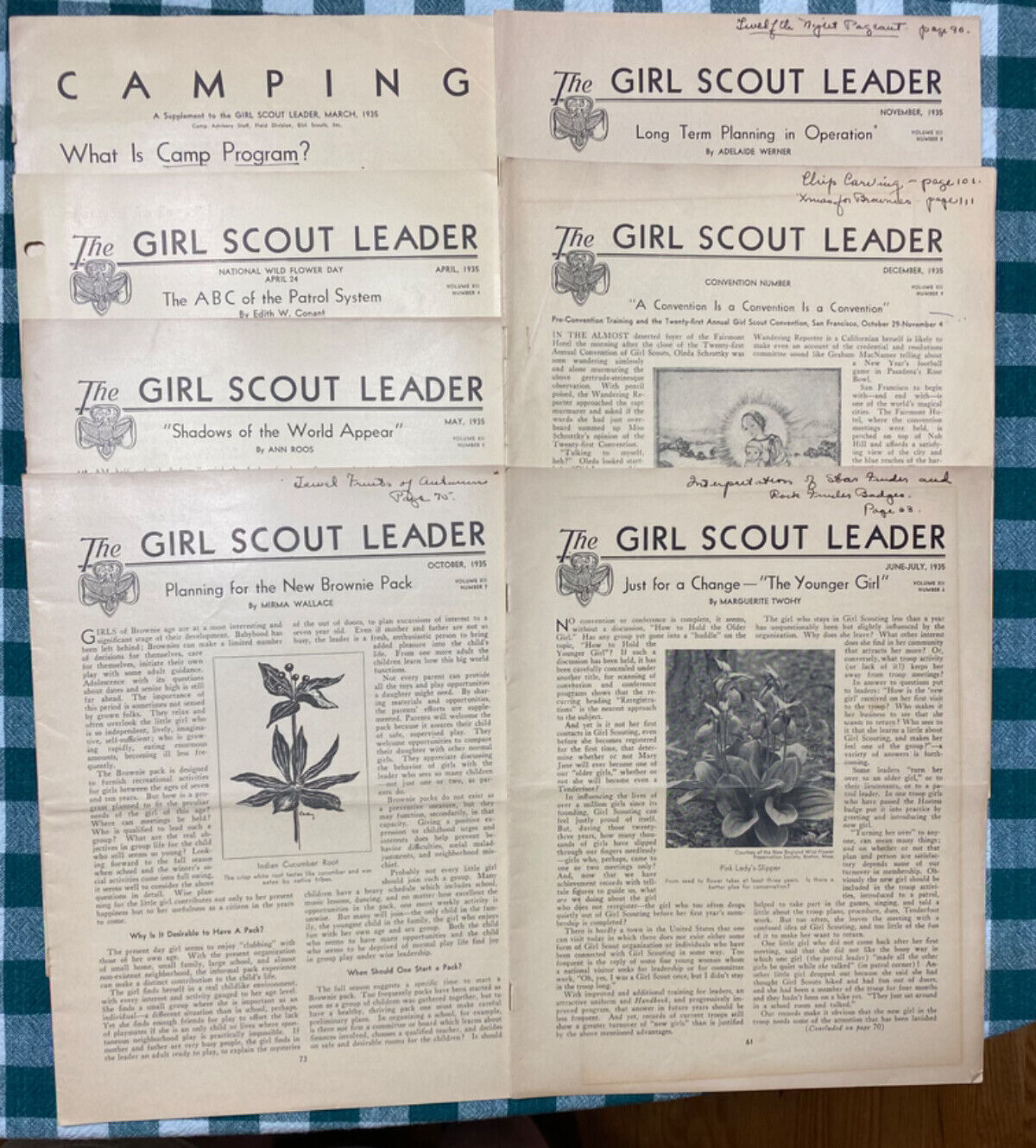 SIX VINTAGE  1935 GIRL SCOUT LEADERS PLUS ONE SUPPLEMENT.   TO USA