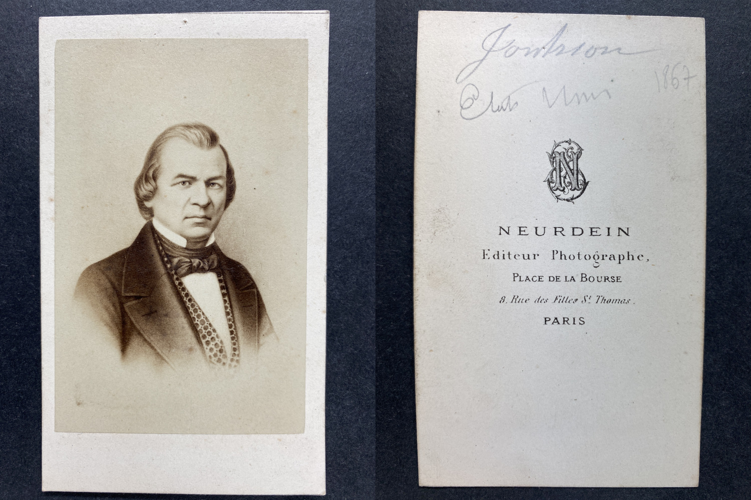 Neurdein, Paris, Andrew Johnson Vintage CDV Albumen Print.Andrew Johnson, born l